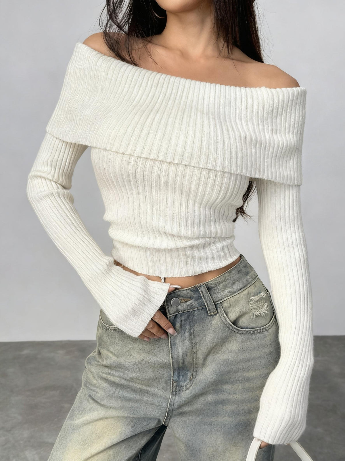 Off Shoulder Fold Over Ribbed Crop Top
