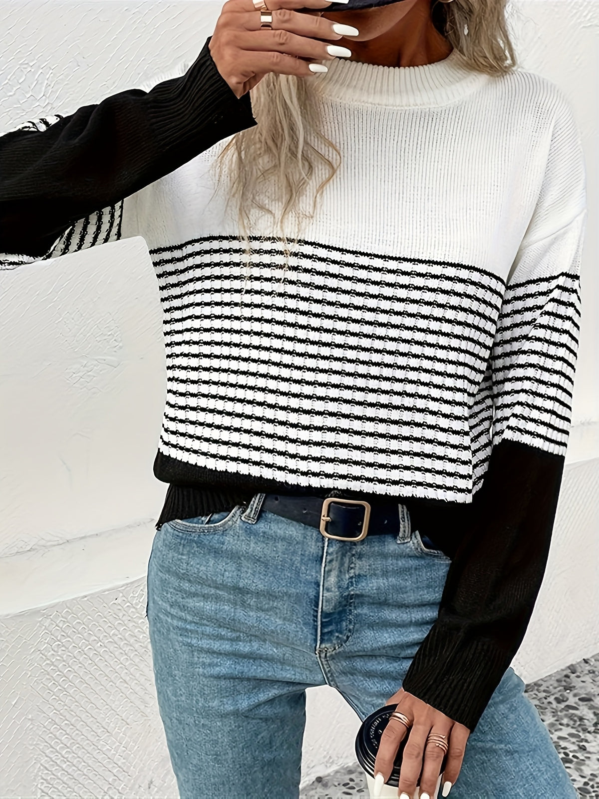 Colorblock Striped Crew Neck Sweater