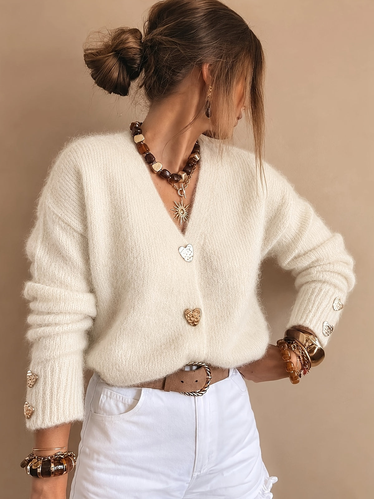 Heart Button Fuzzy Cardigan