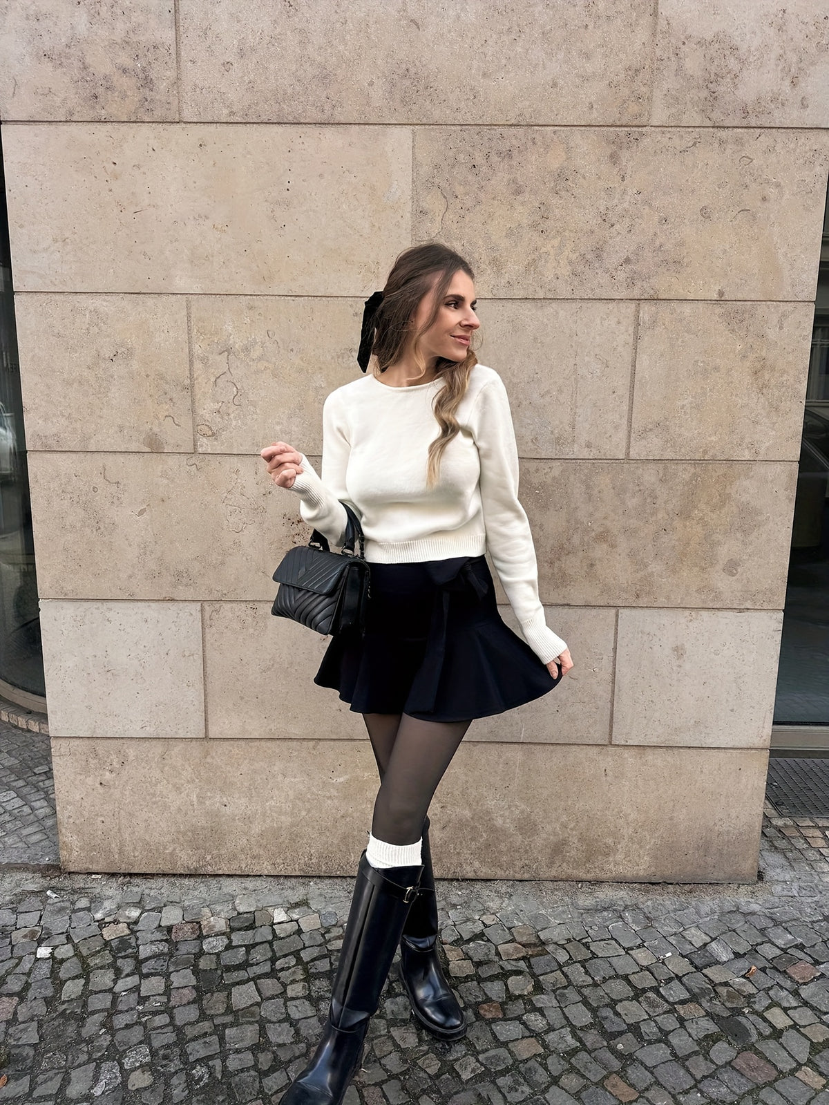 Bow Back Cropped Crew Neck Sweater