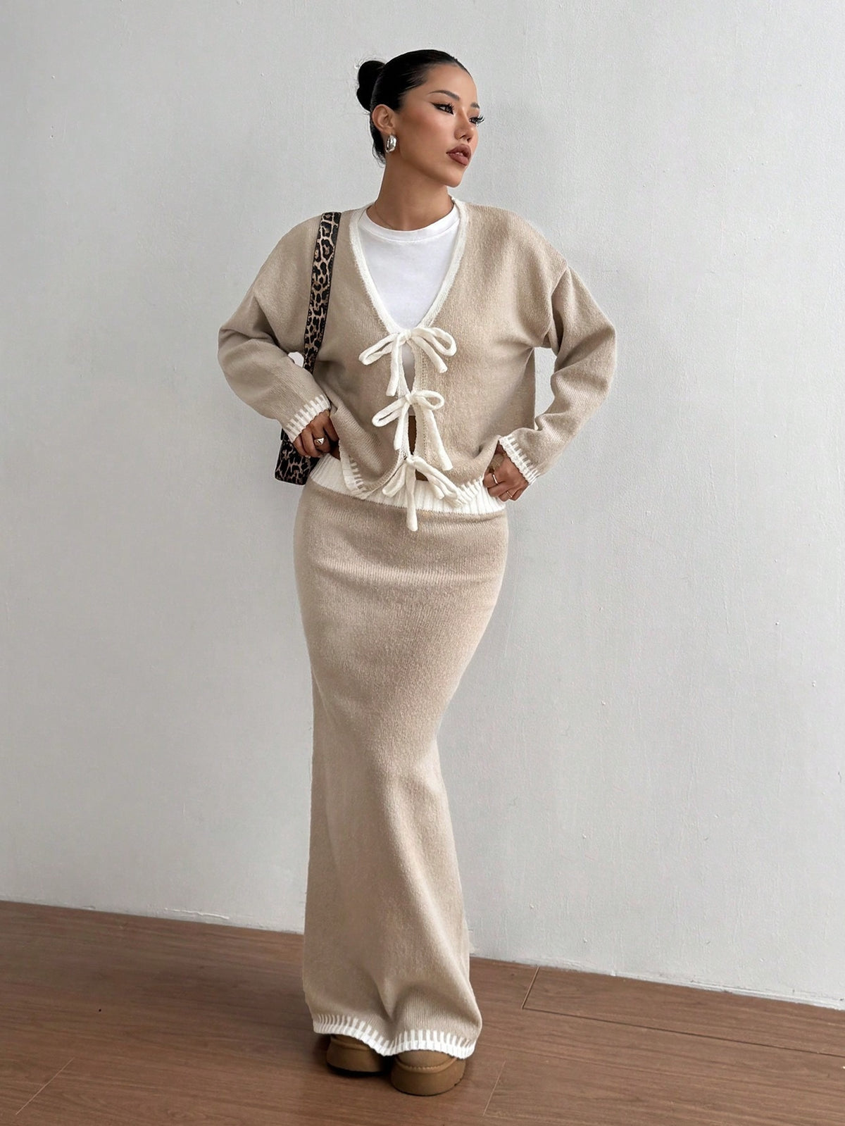 Tie Front Cardigan & Maxi Skirt Set