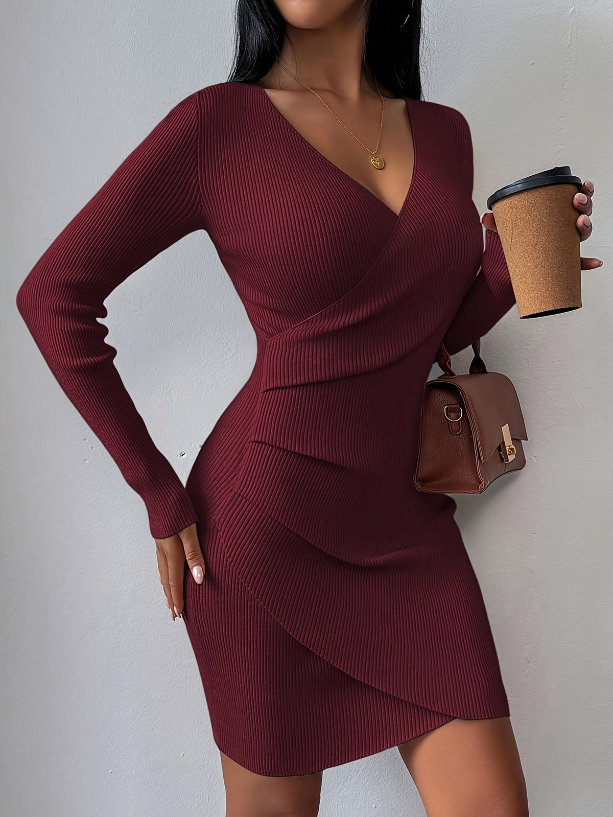 Ruched Wrap Front Knit Mini Dress