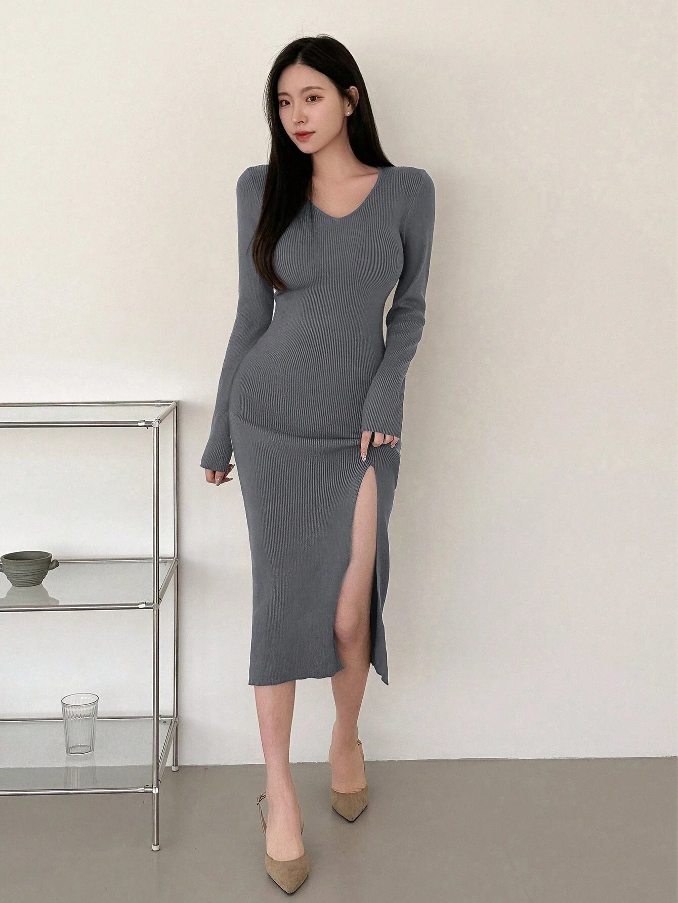JOYSONS split-thigh knit sweater dress