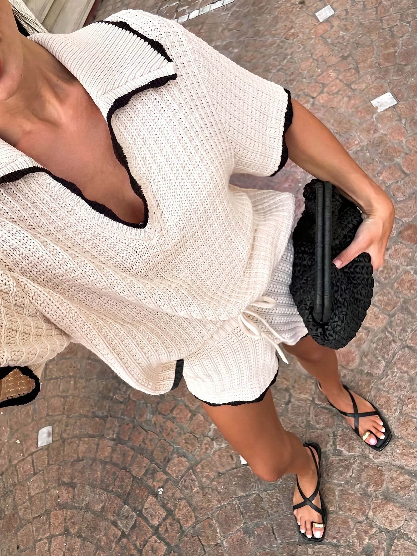 V Neck Crochet Shorts Knit Outfit Set