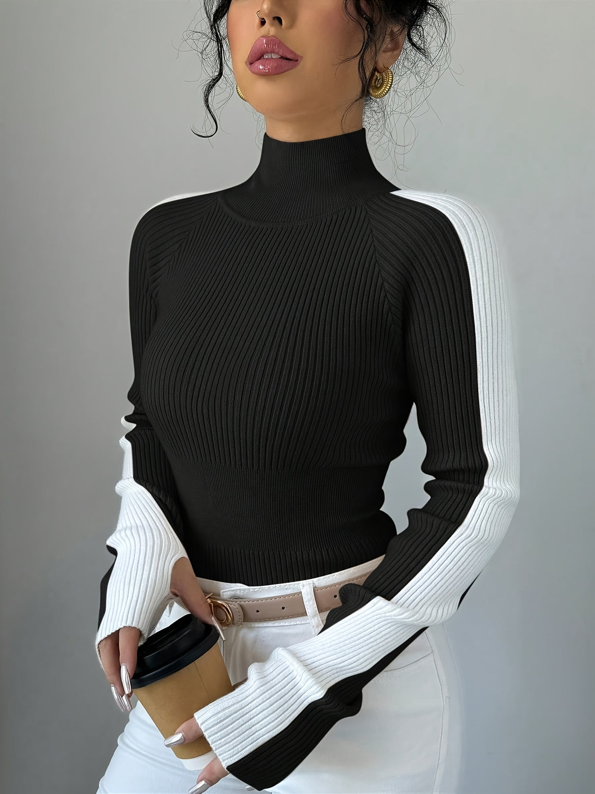 Colorblock Ribbed Mock Neck Sweater