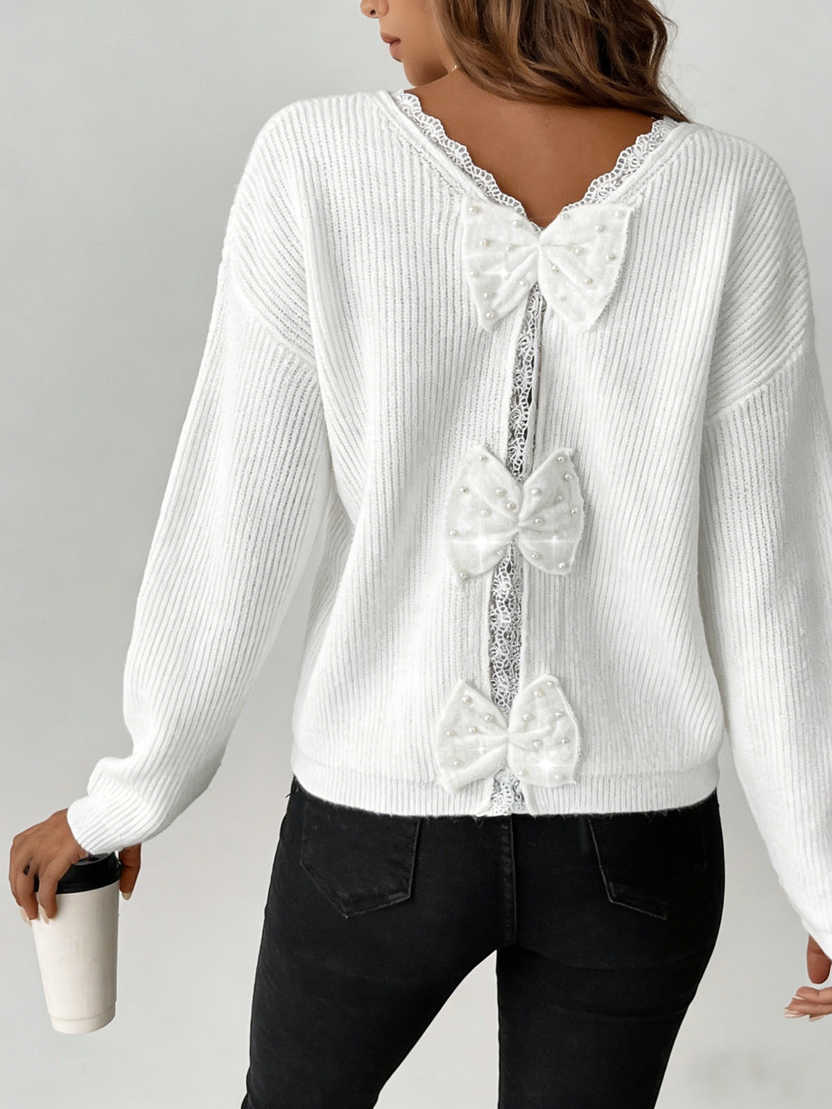 Back Bow Lace Trim V-Neck Sweater