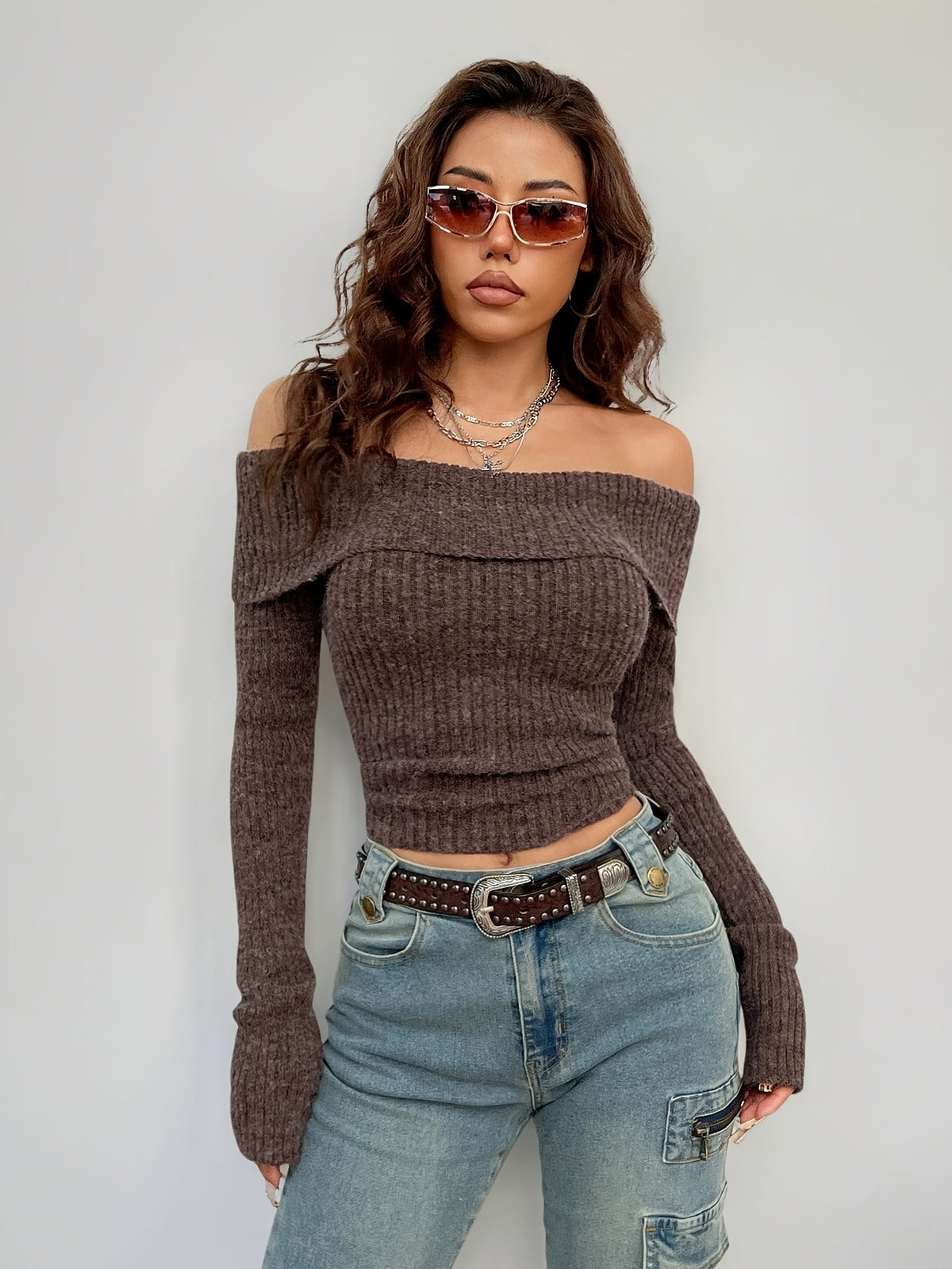 Off Shoulder Fold Over Ribbed Crop Top