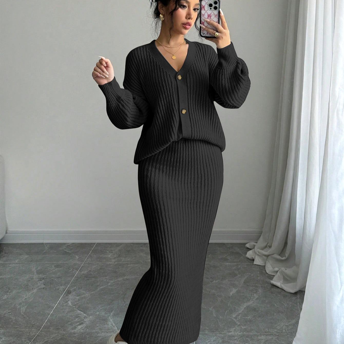 JOYSONS V-neck cardigan and high-waist knit skirt set