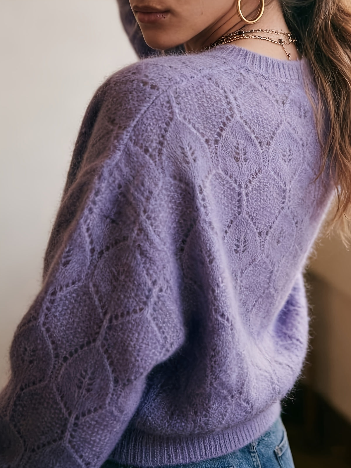 Lilac Pointelle Crew Neck Cardigan