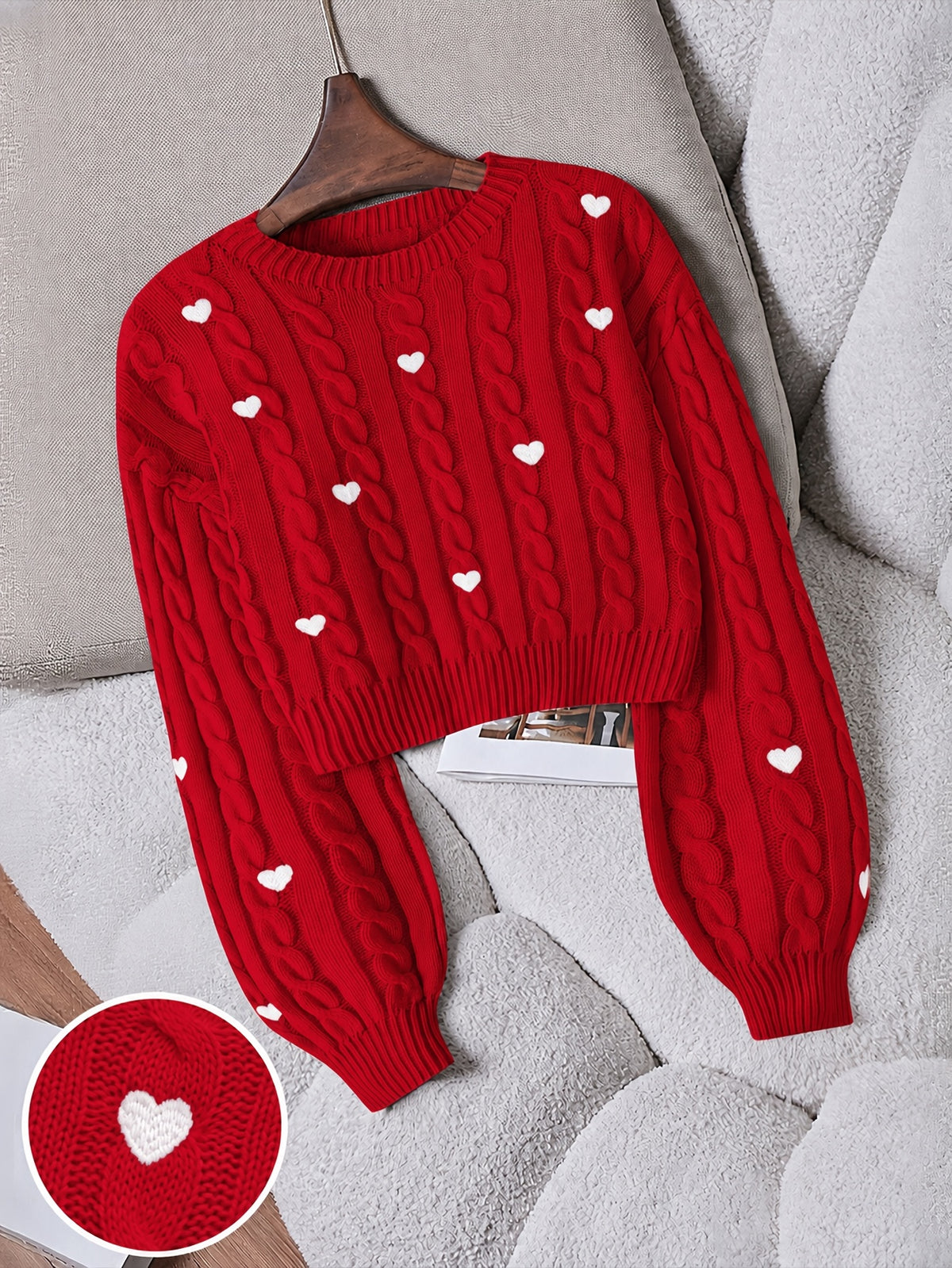 Heart Embroidered Cable Sweater