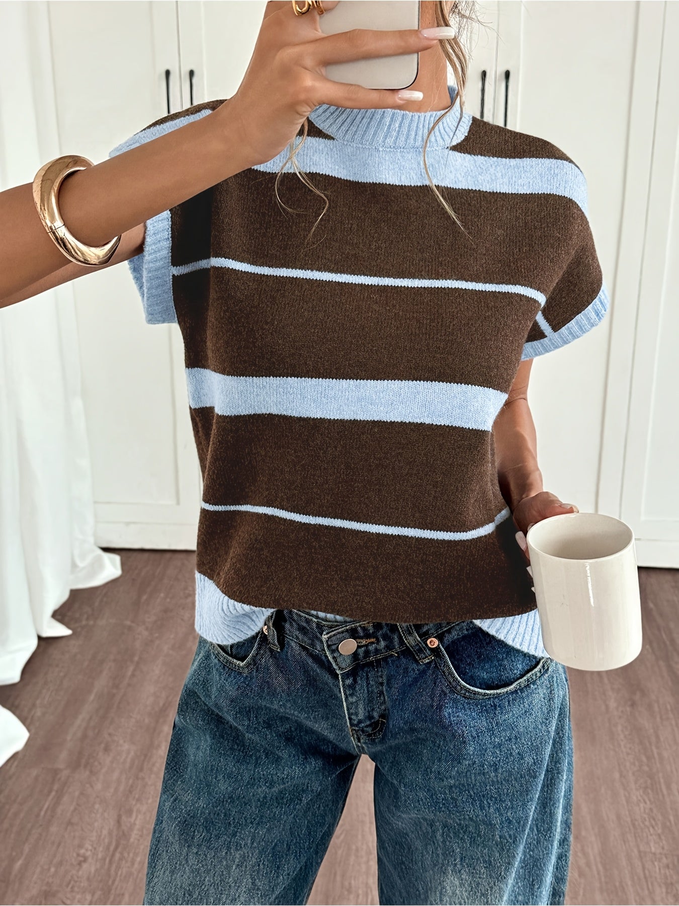 Striped Crew Neck Sleeveless Knit Vest