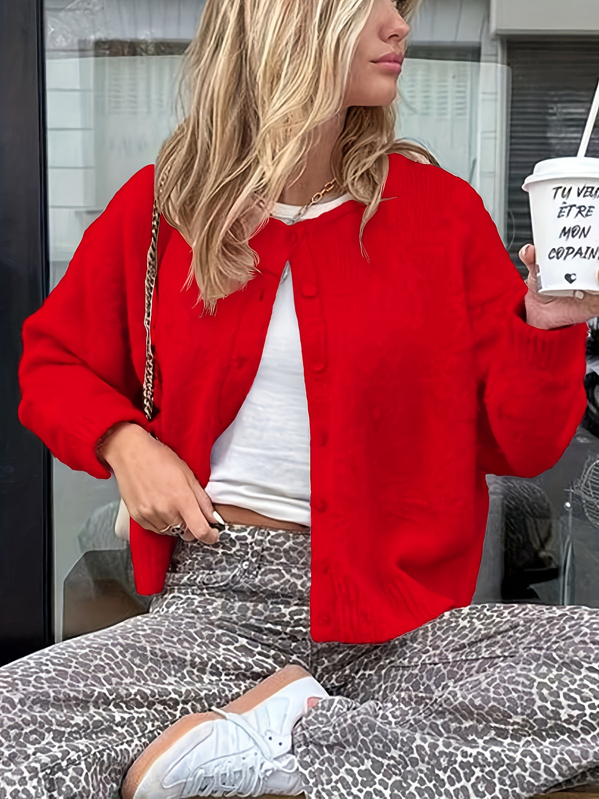 Red Crew Neck Button Cardigan