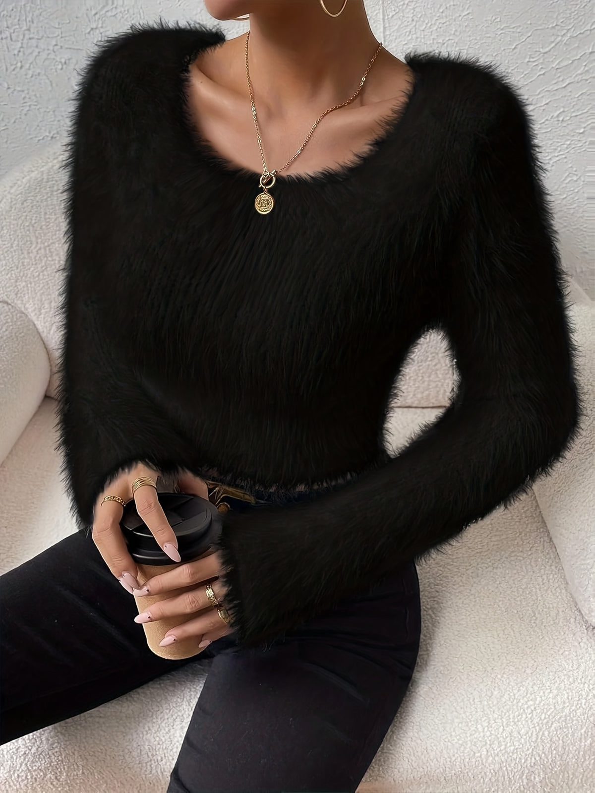 Fuzzy Cropped Round Neck Sweater