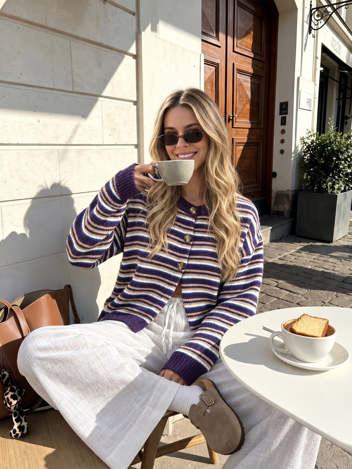 Multi Stripe Crew Neck Cardigan - JOYSONS