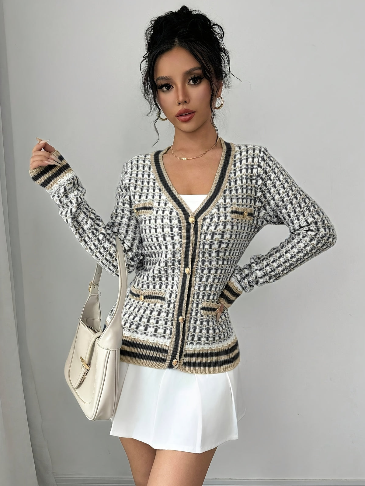 Contrast Trim Textured Knit Cardigan