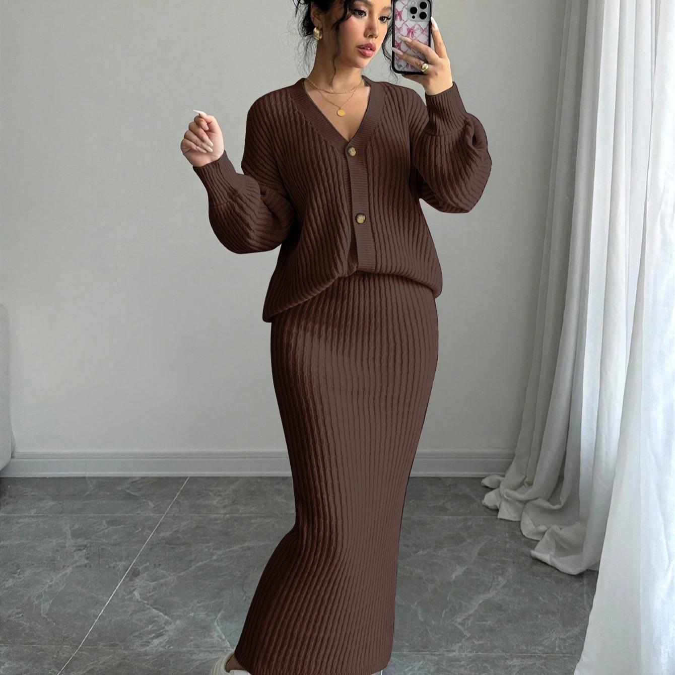 JOYSONS V-neck cardigan and high-waist knit skirt set