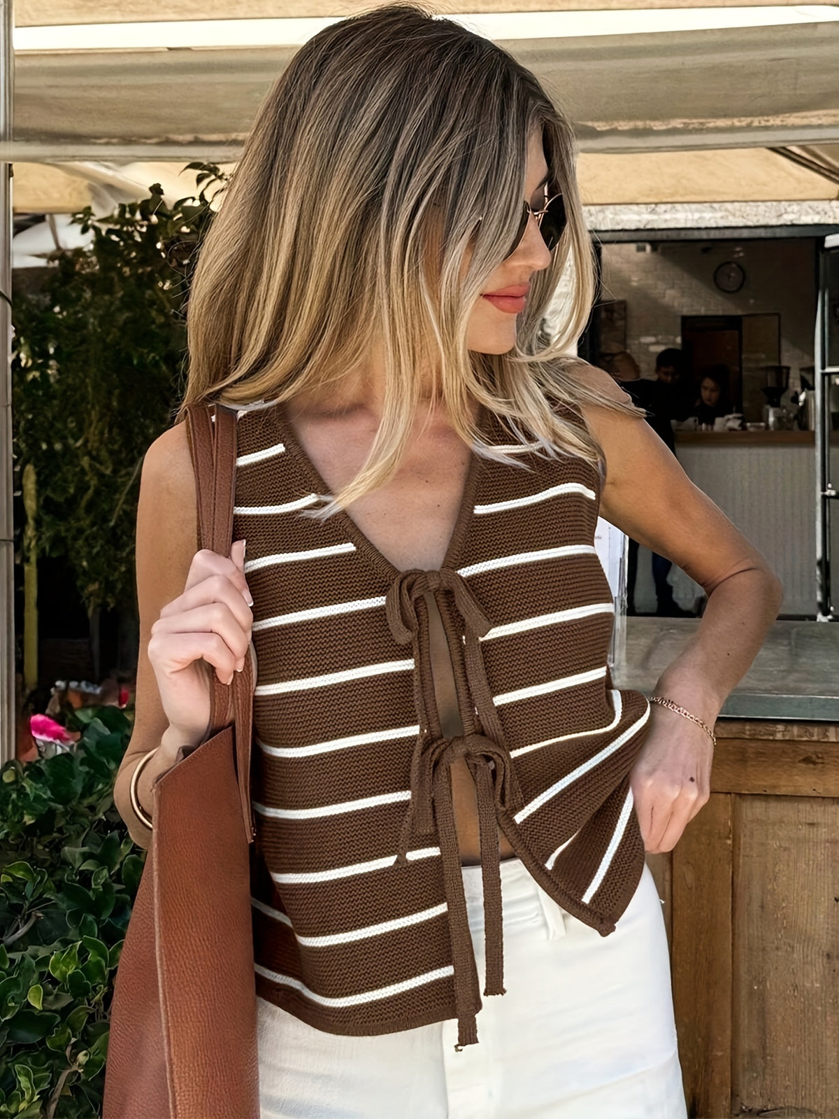 Striped Tie Front Sweater Vest - JOYSONS