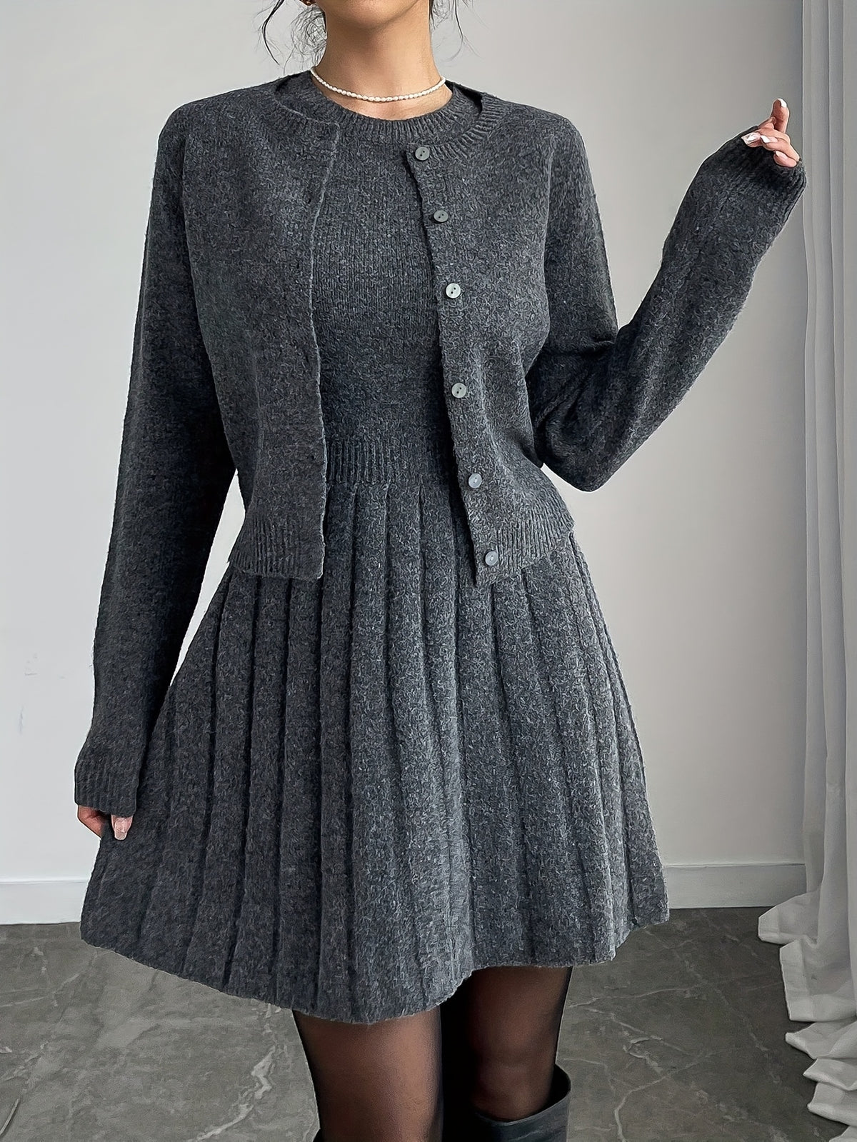 Cropped Cardigan & Pleated Knit Dress Set