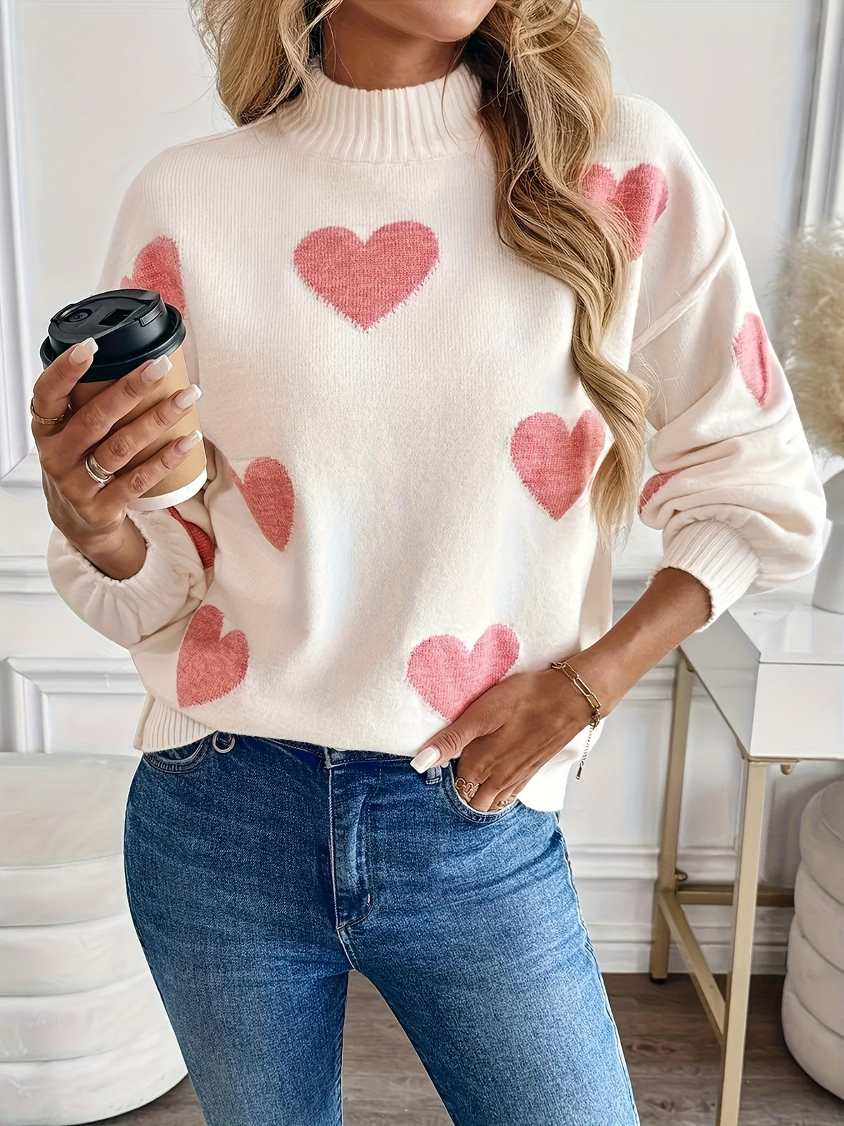 Heart Pattern Mock Neck Sweater