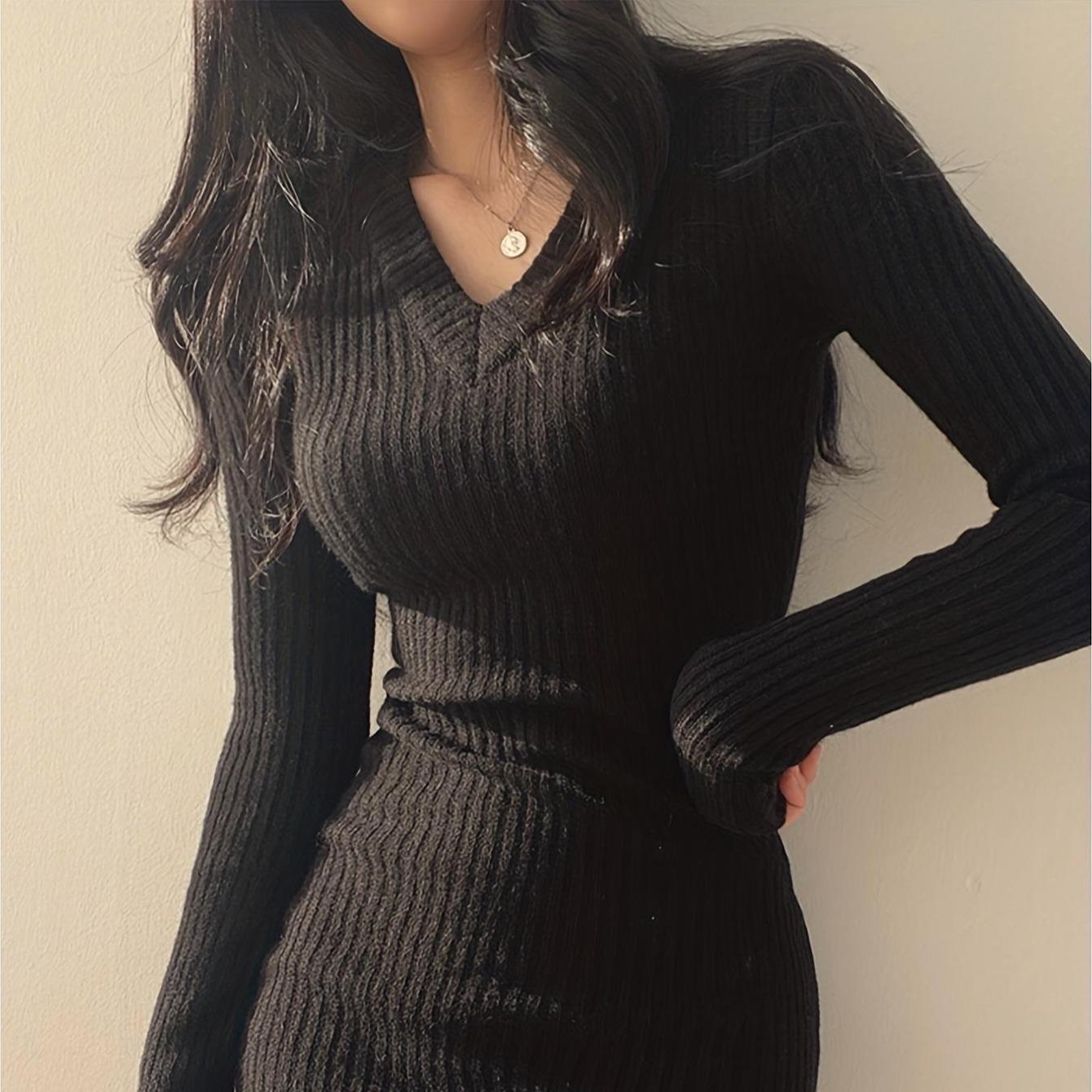 JOYSONS ribbed V-neck long sleeve sweater dress