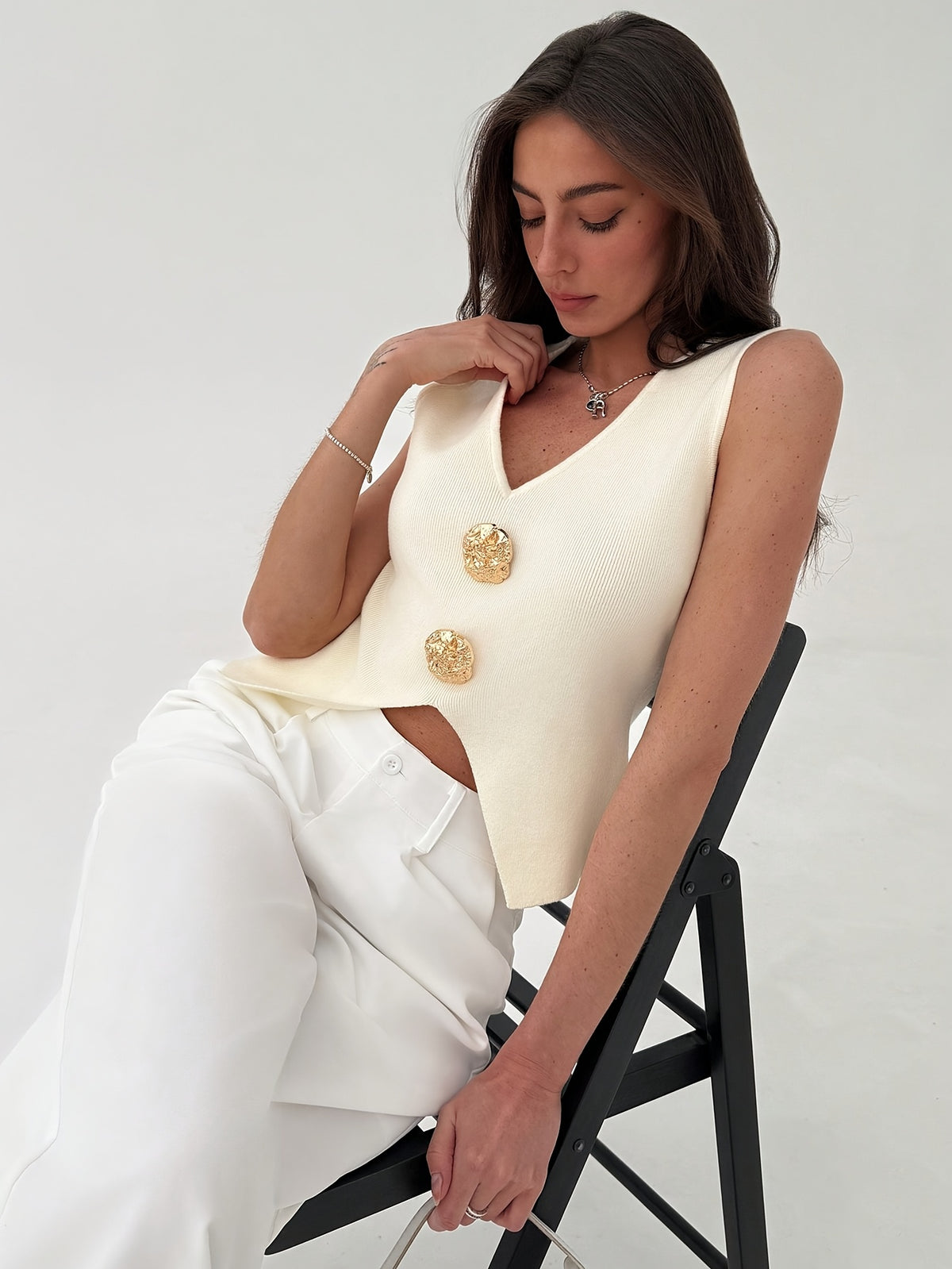 Gold Button V-Neck Sweater Vest