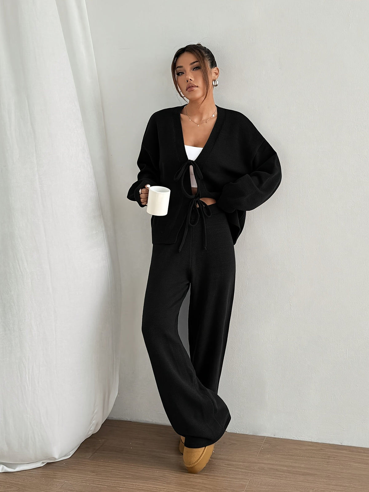 Tie Front Cardigan & Wide Leg Pants Set