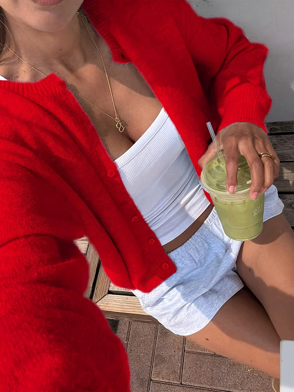 Red Crew Neck Button Cardigan