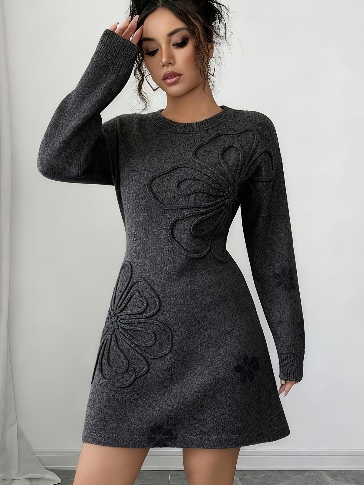 Raised Floral Knit Mini Dress