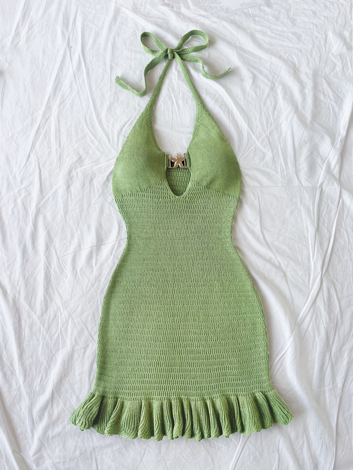Halter Cutout Ruffle Hem Knit Mini Dress