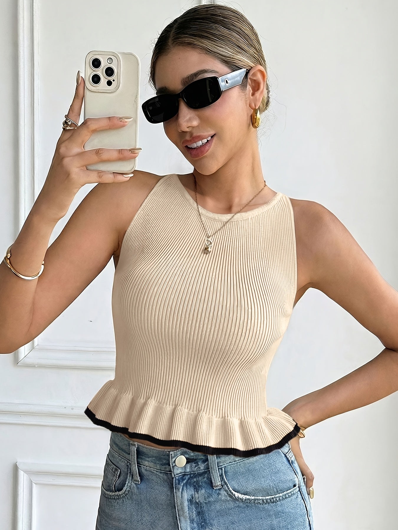 Contrast Trim Peplum Knit Vest