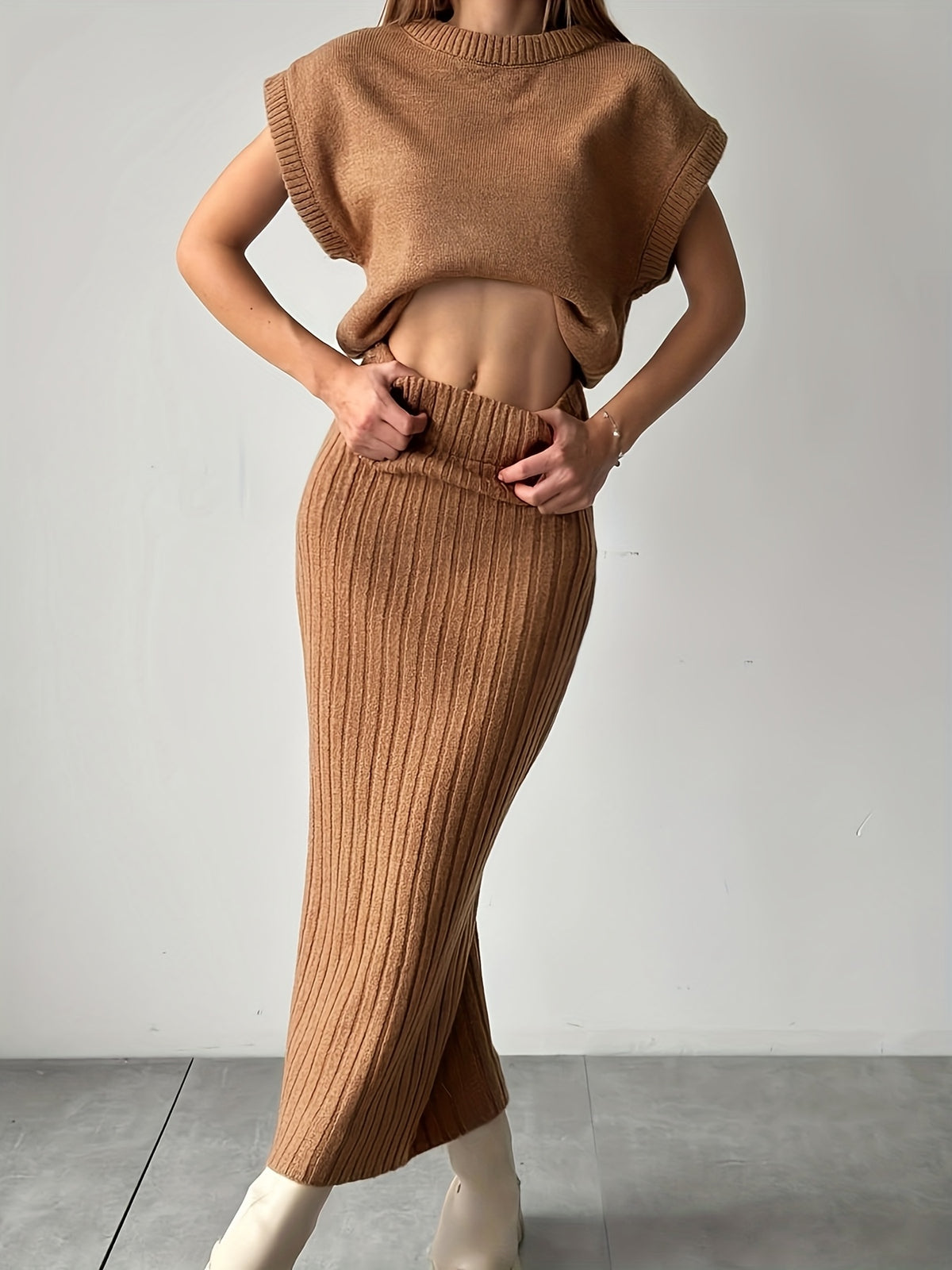 Ribbed Cap Sleeve Top & Midi Skirt Set