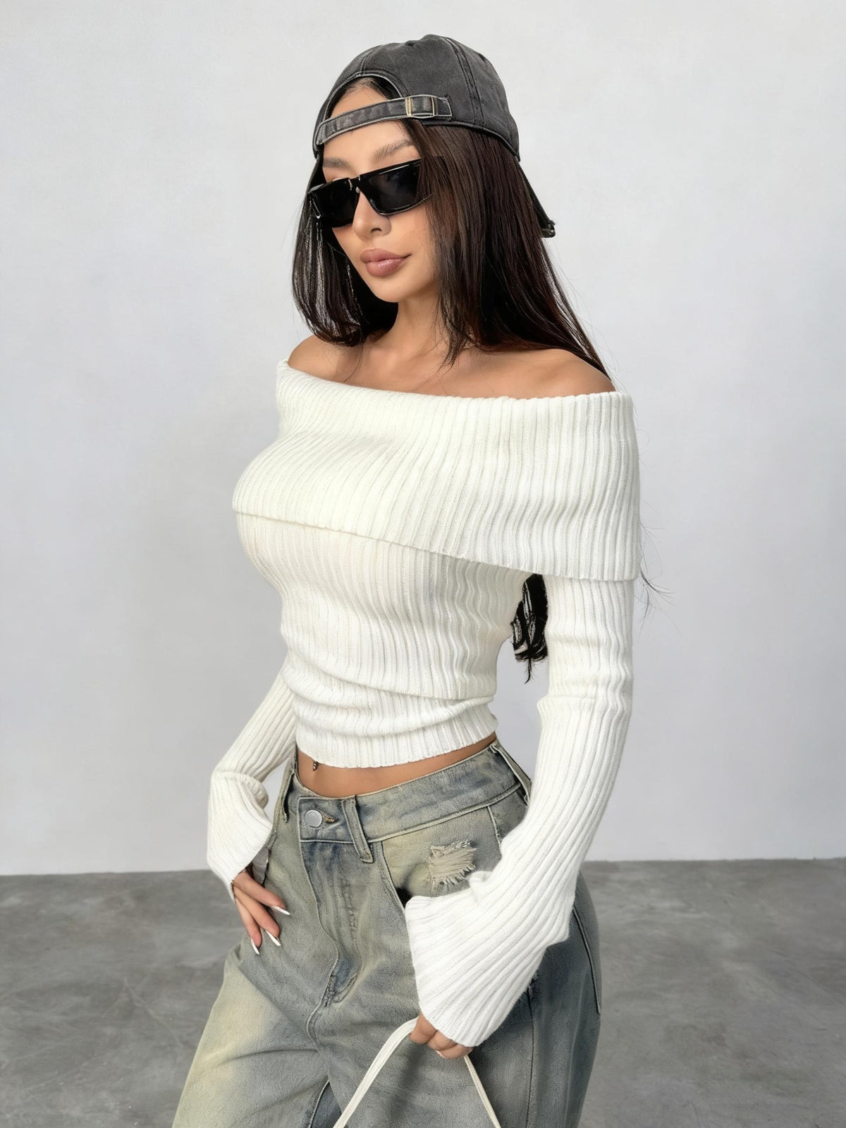 Off Shoulder Fold Over Ribbed Crop Top