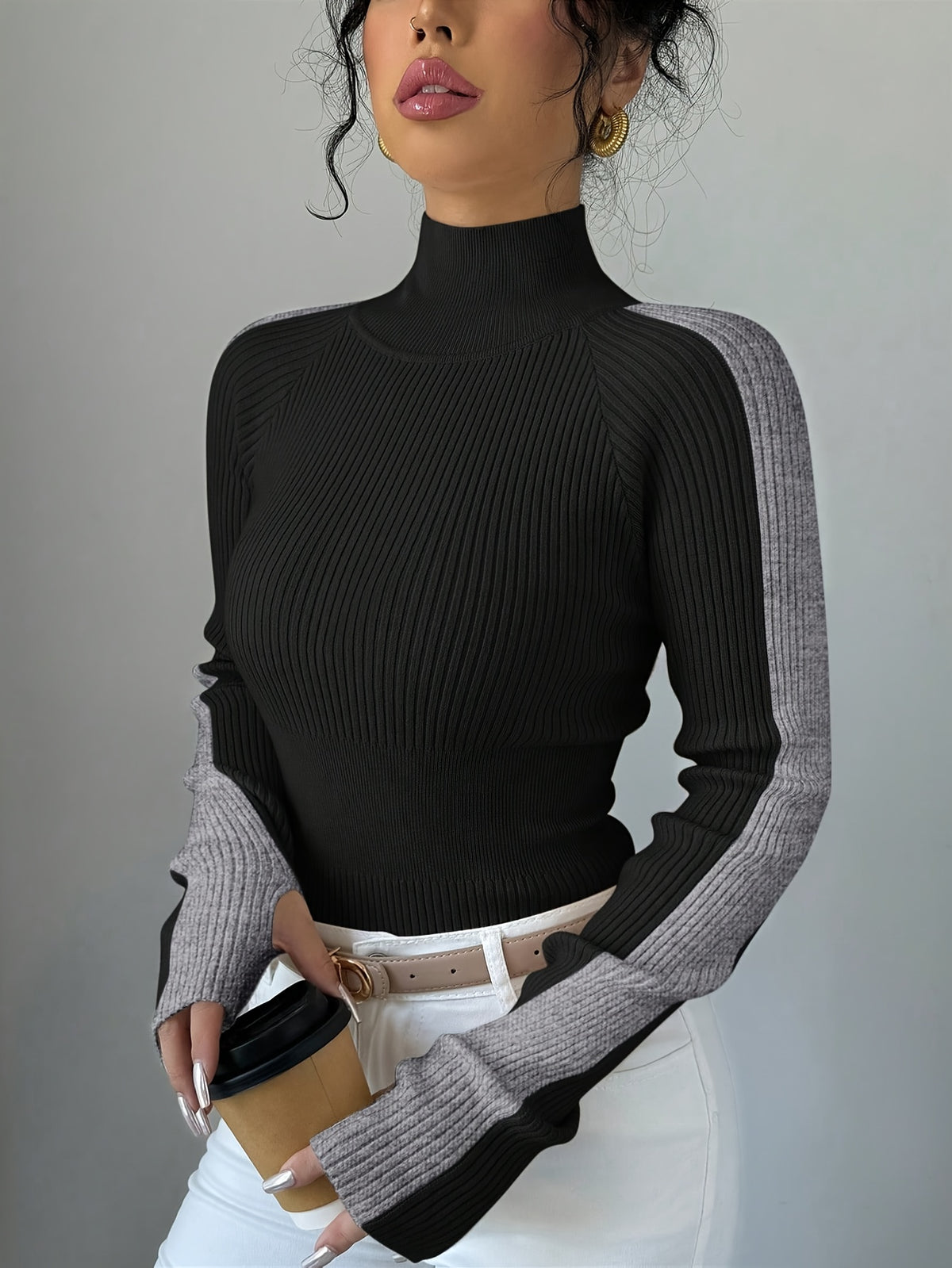 Colorblock Ribbed Mock Neck Sweater