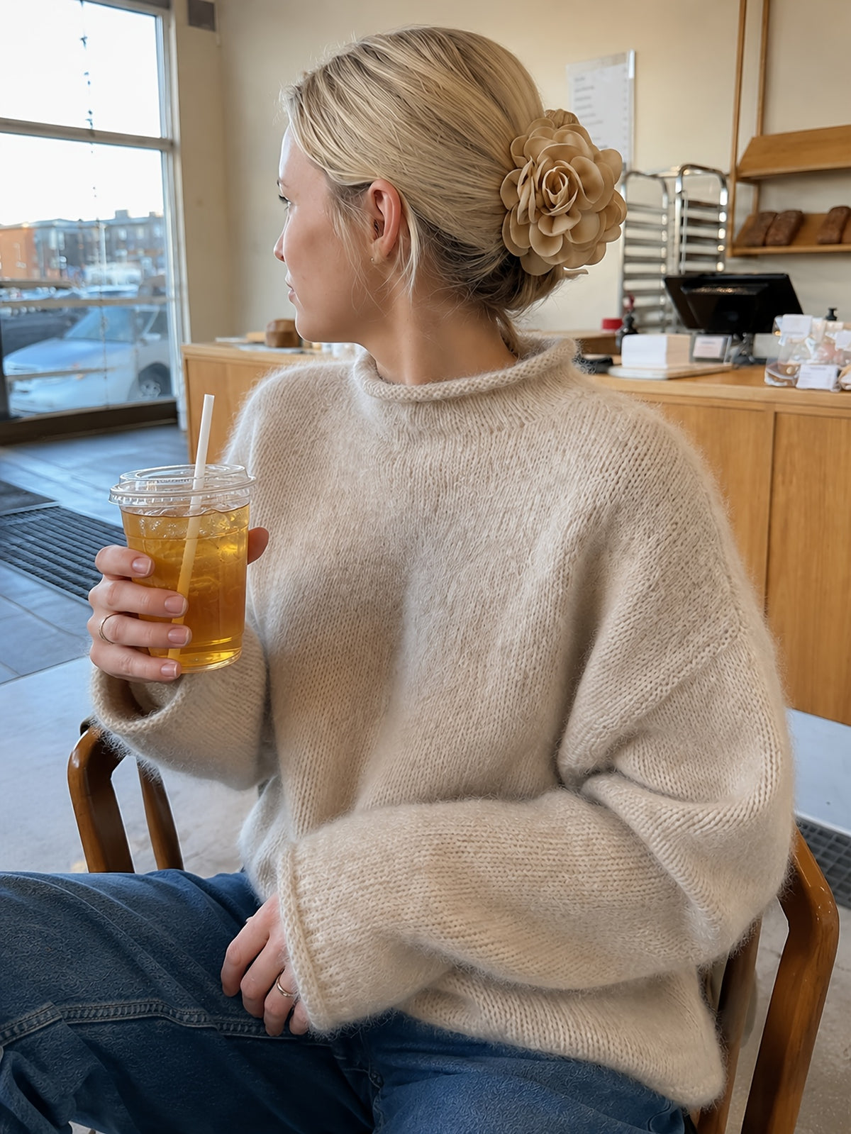 Rolled Mock Neck Fuzzy Sweater