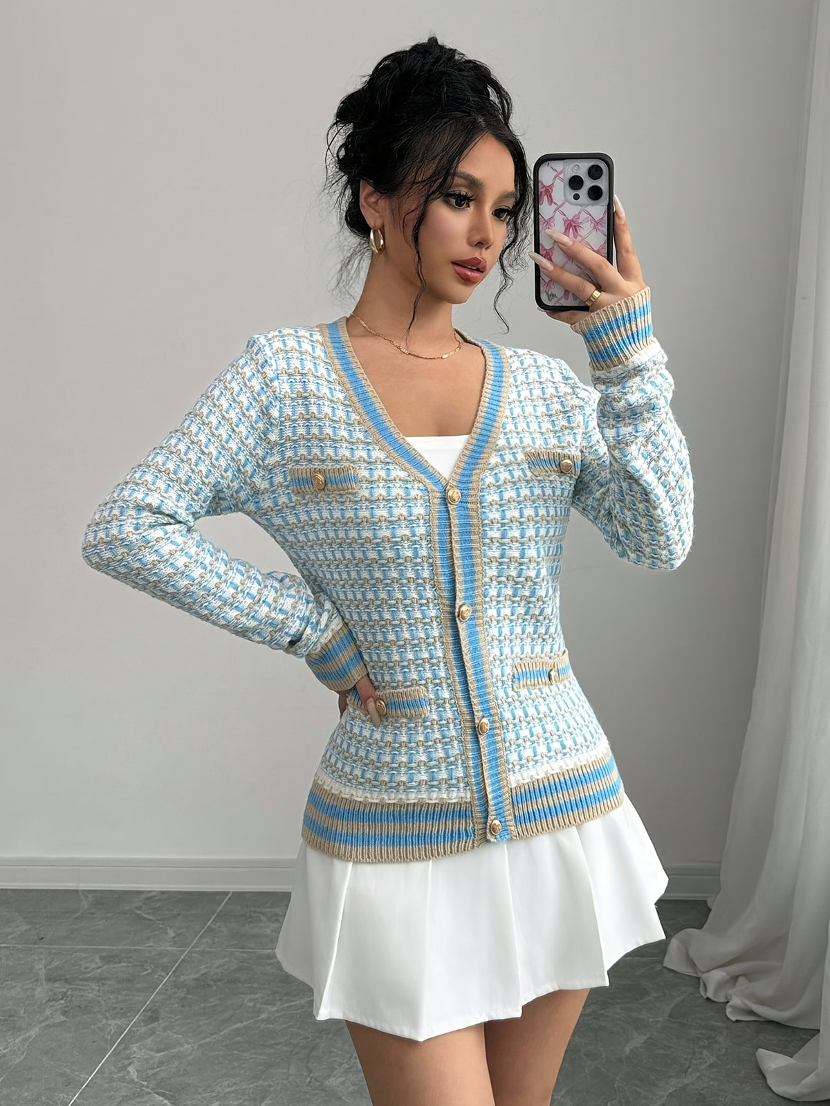 Contrast Trim Textured Knit Cardigan
