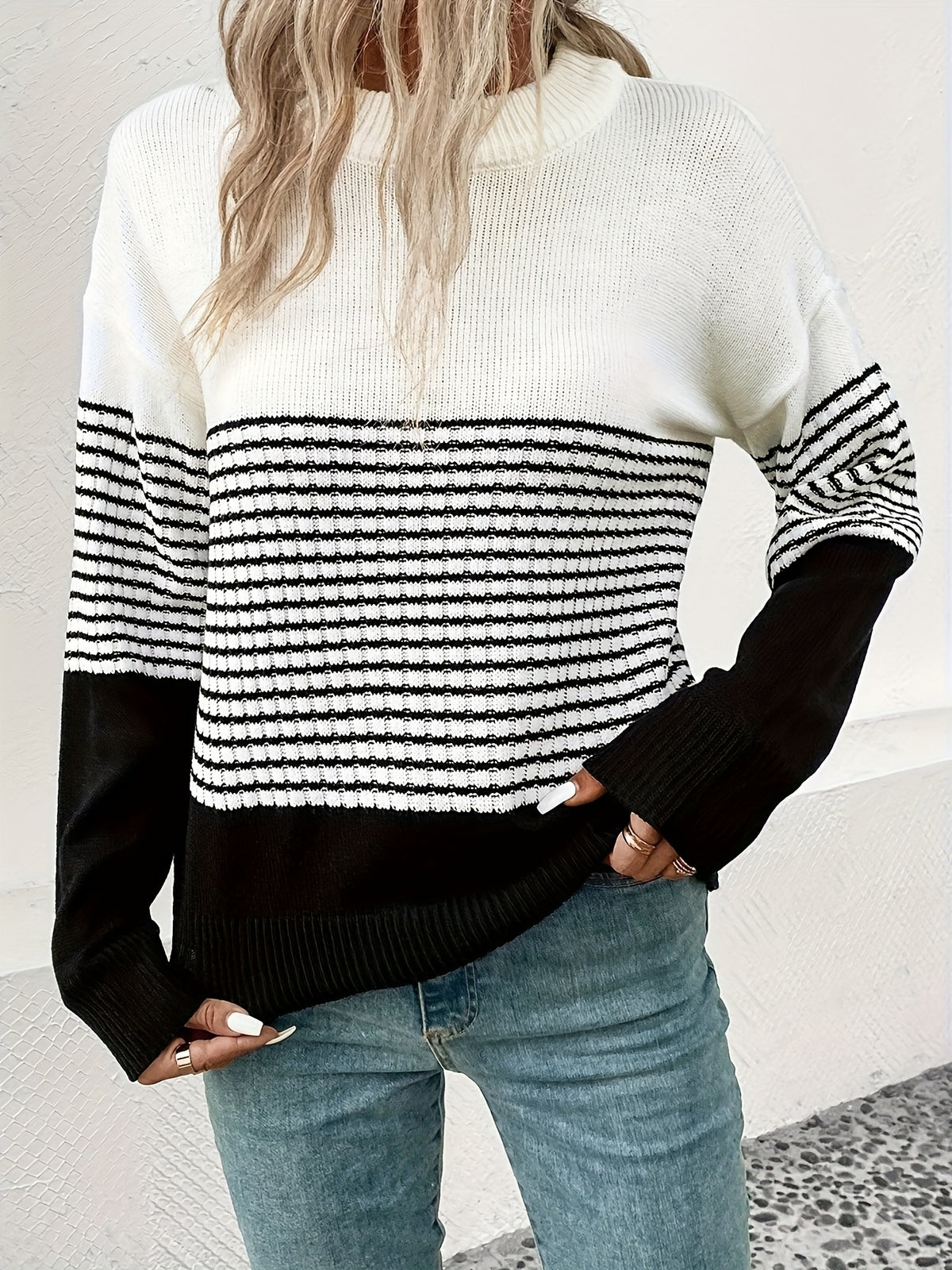 Colorblock Striped Crew Neck Sweater