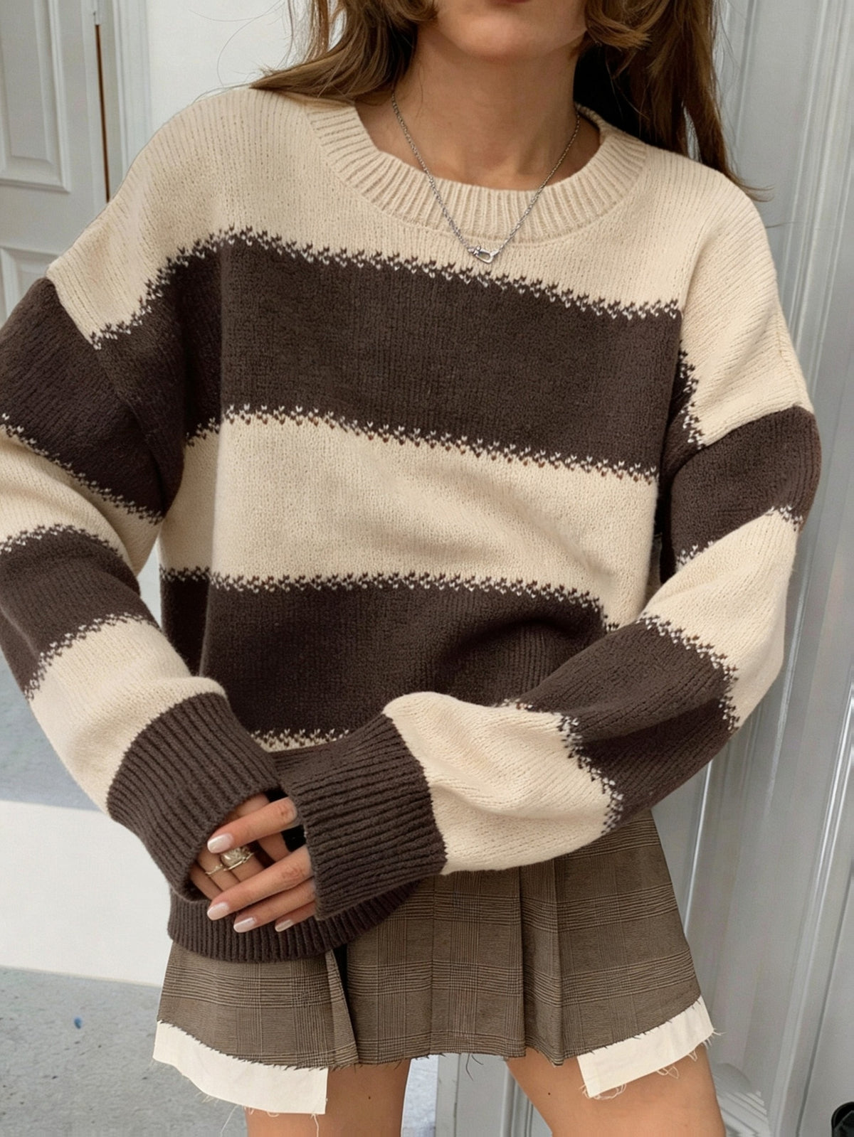 Wide Stripe Relaxed Crew Neck Sweater