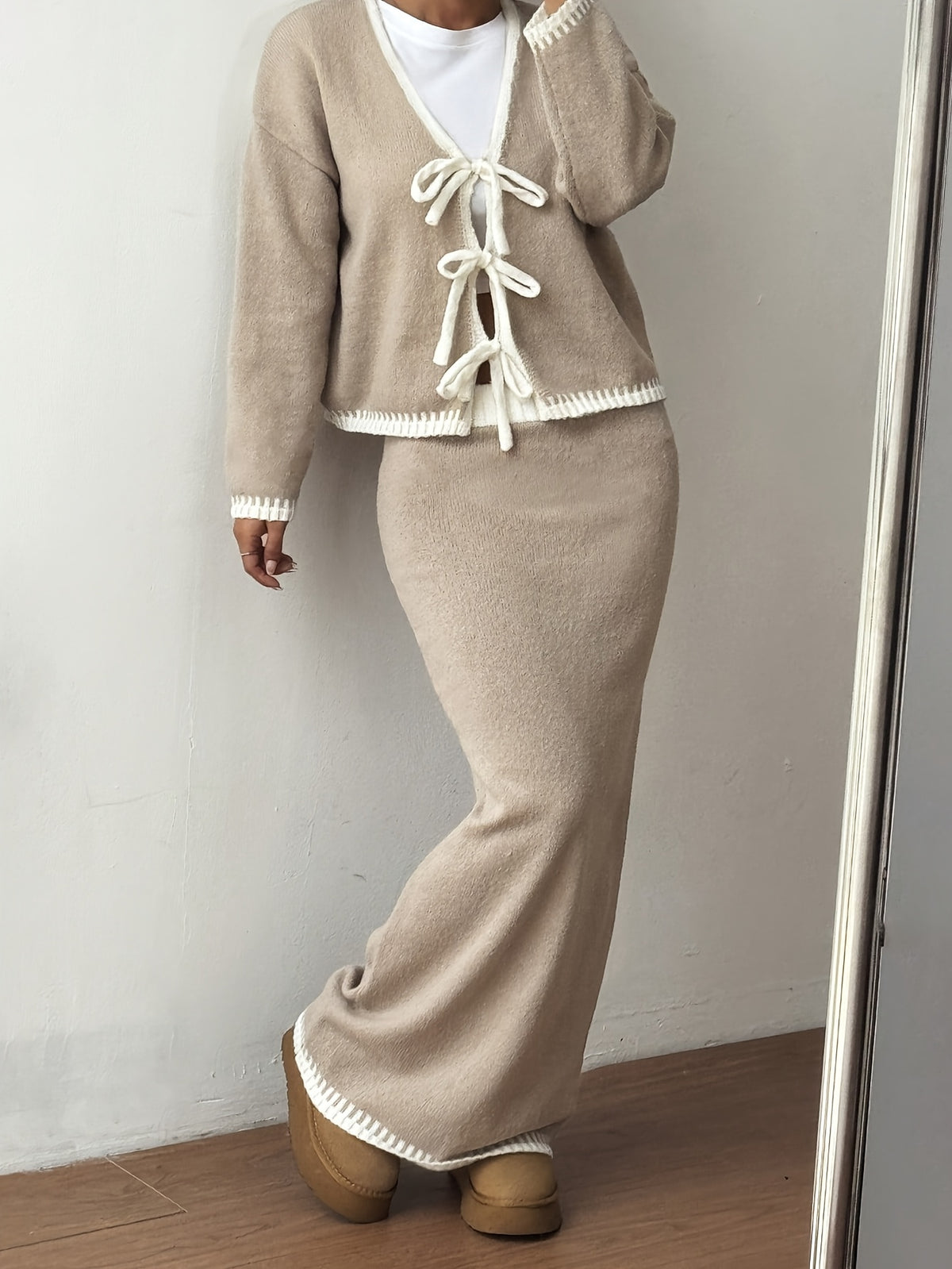 Tie Front Cardigan & Maxi Skirt Set