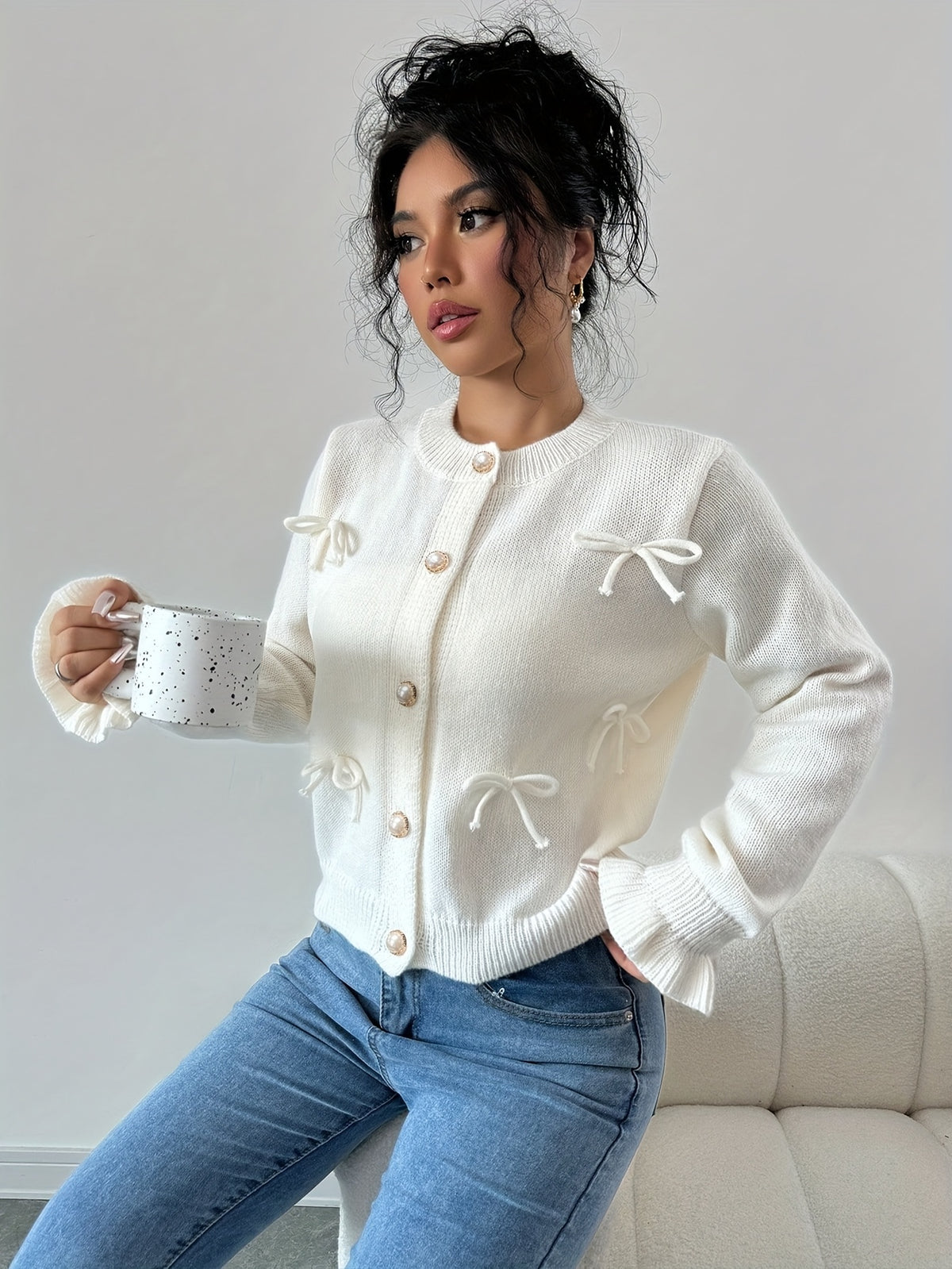 Bow Detail Pearl Button Cardigan