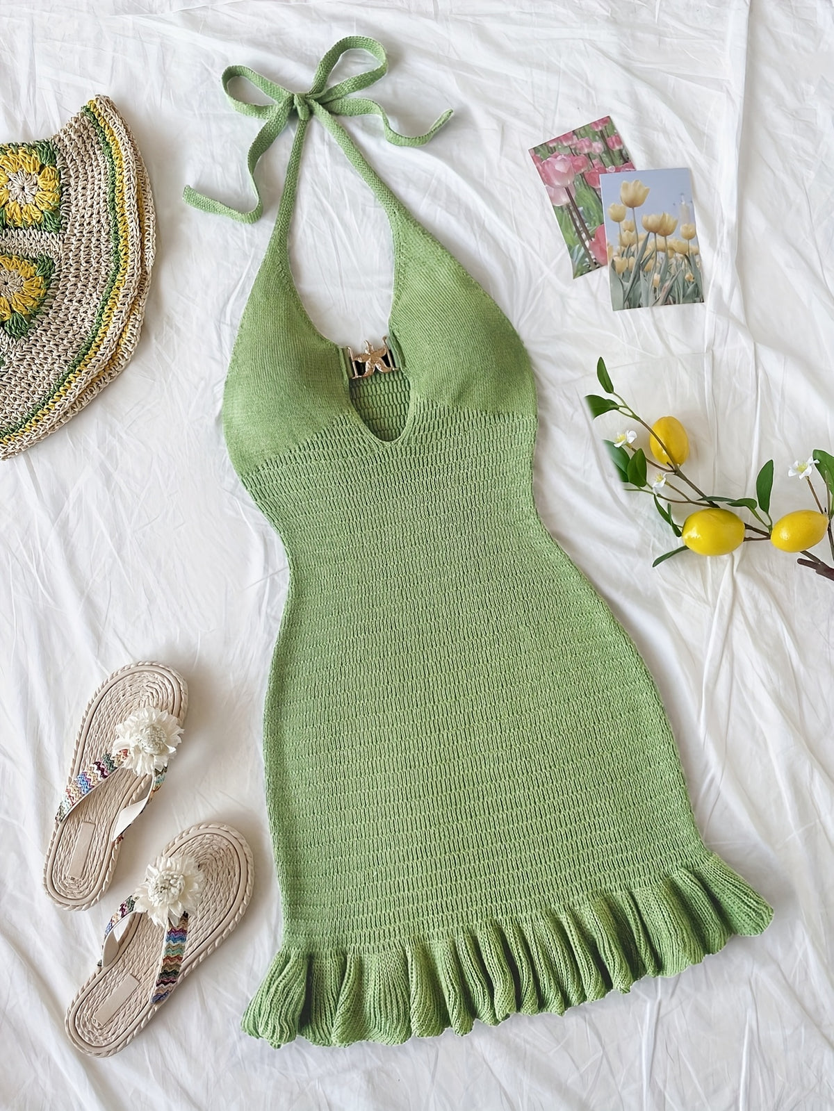Halter Cutout Ruffle Hem Knit Mini Dress
