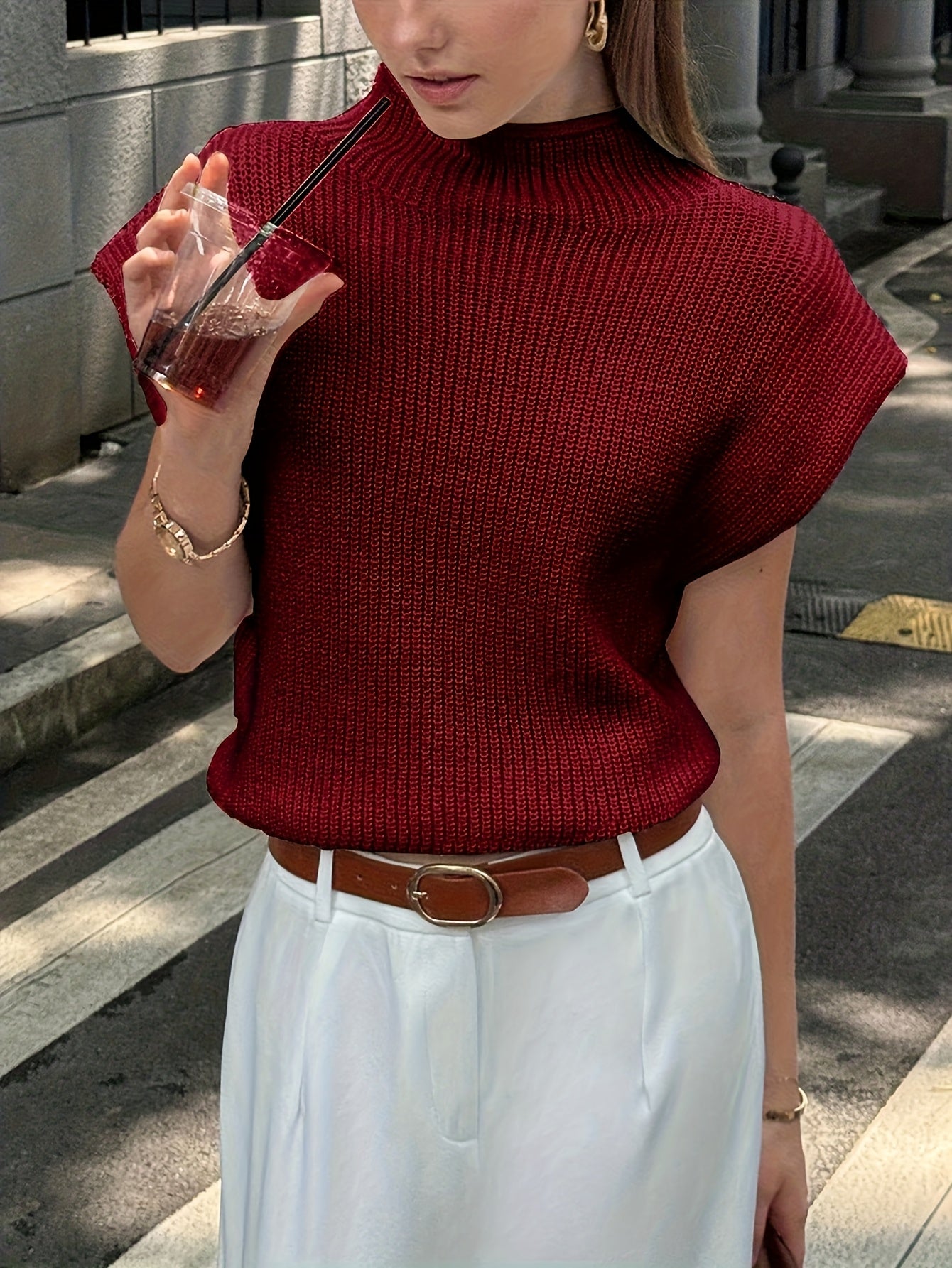 Drop Shoulder Ribbed Mock Neck Knit Vest