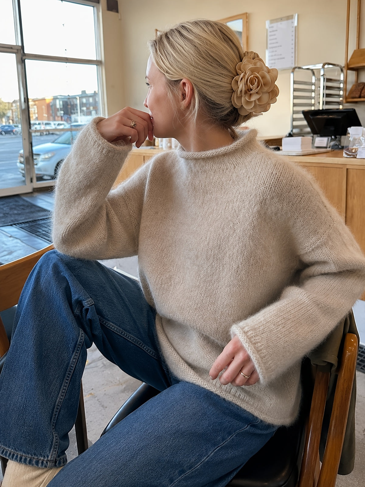 Rolled Mock Neck Fuzzy Sweater
