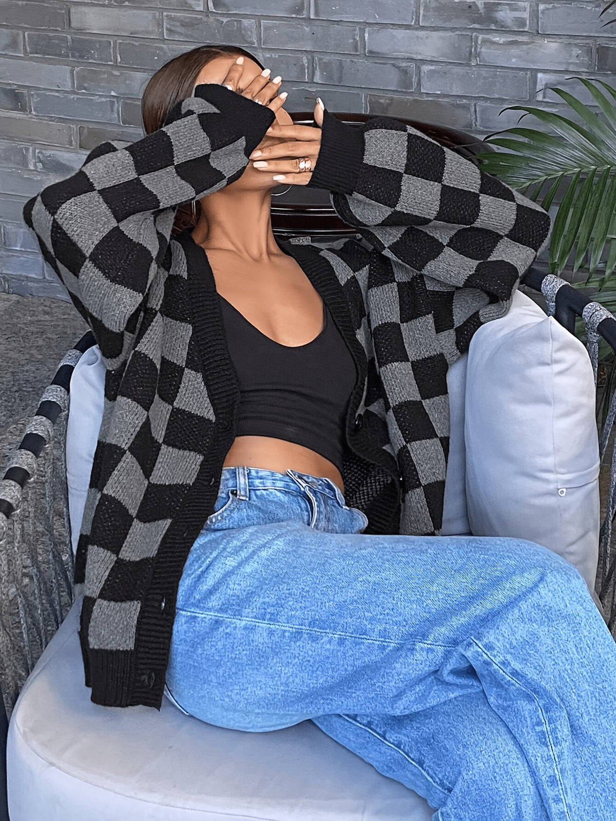 Checkerboard V-Neck Cardigan