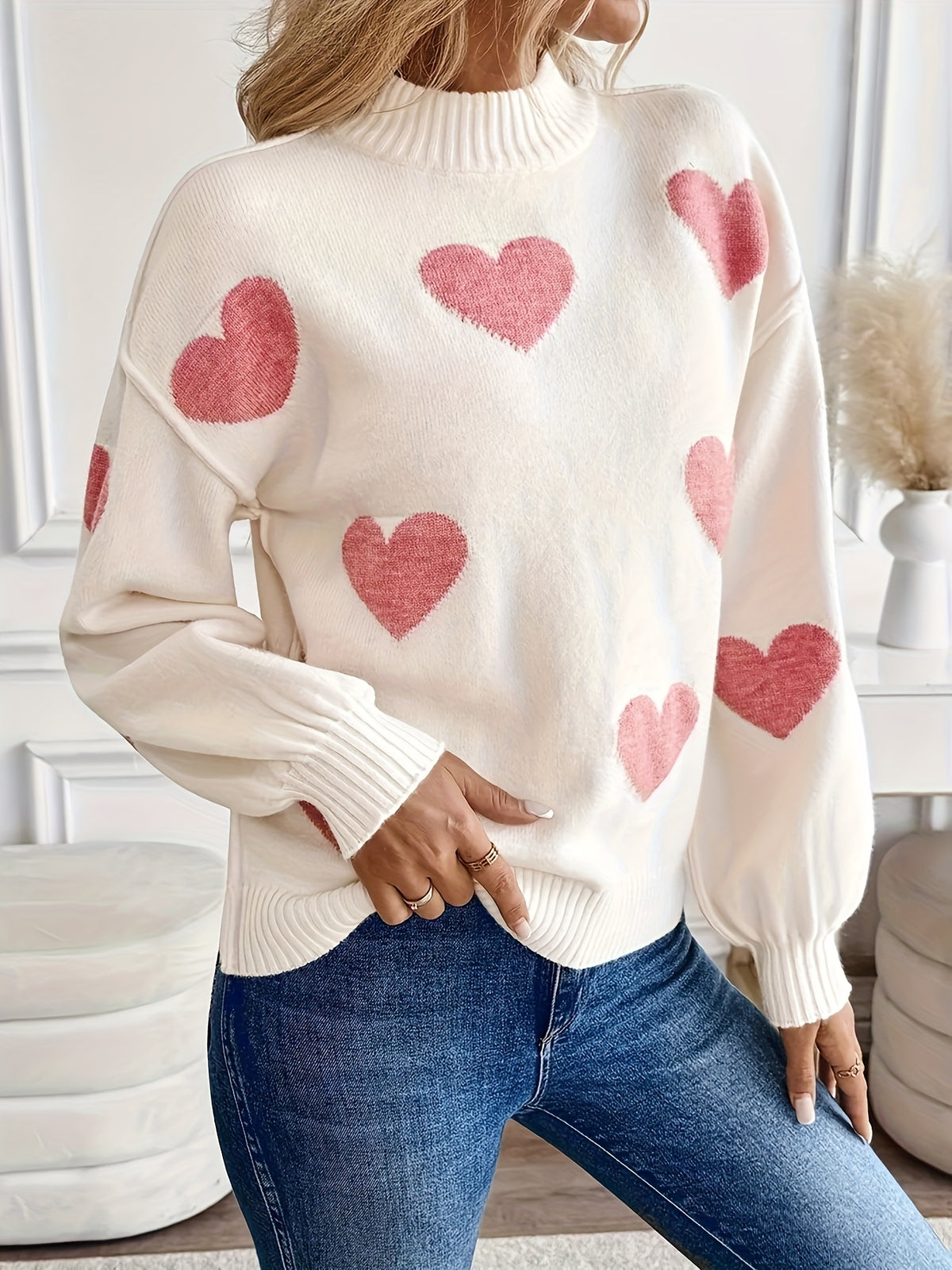 Heart Pattern Mock Neck Sweater