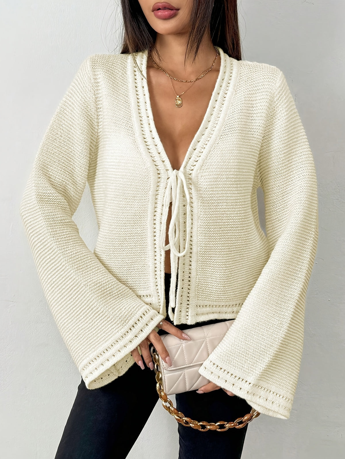 Tie Front Bell Sleeve Cardigan