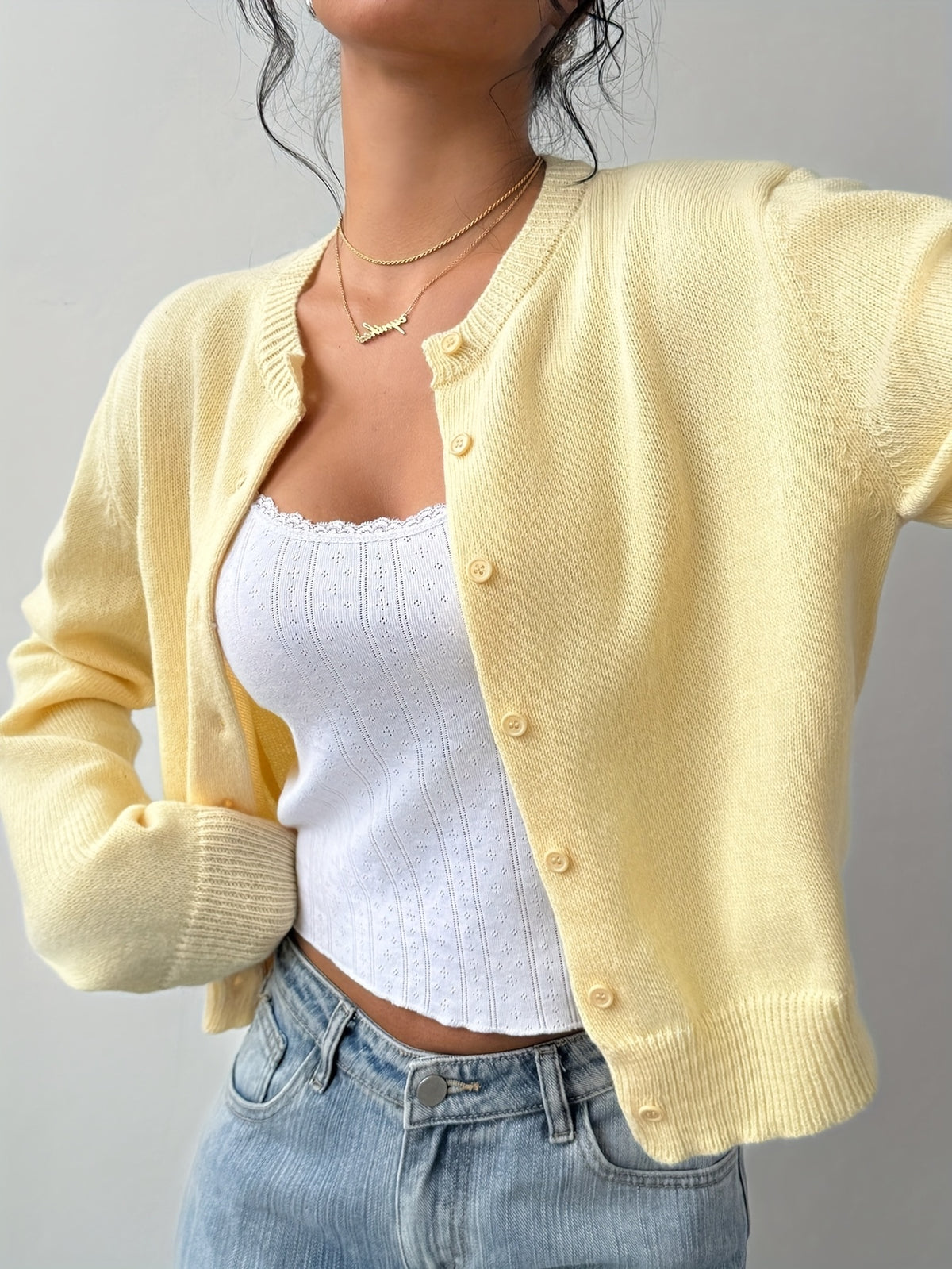 Pale Yellow Crew Neck Cardigan
