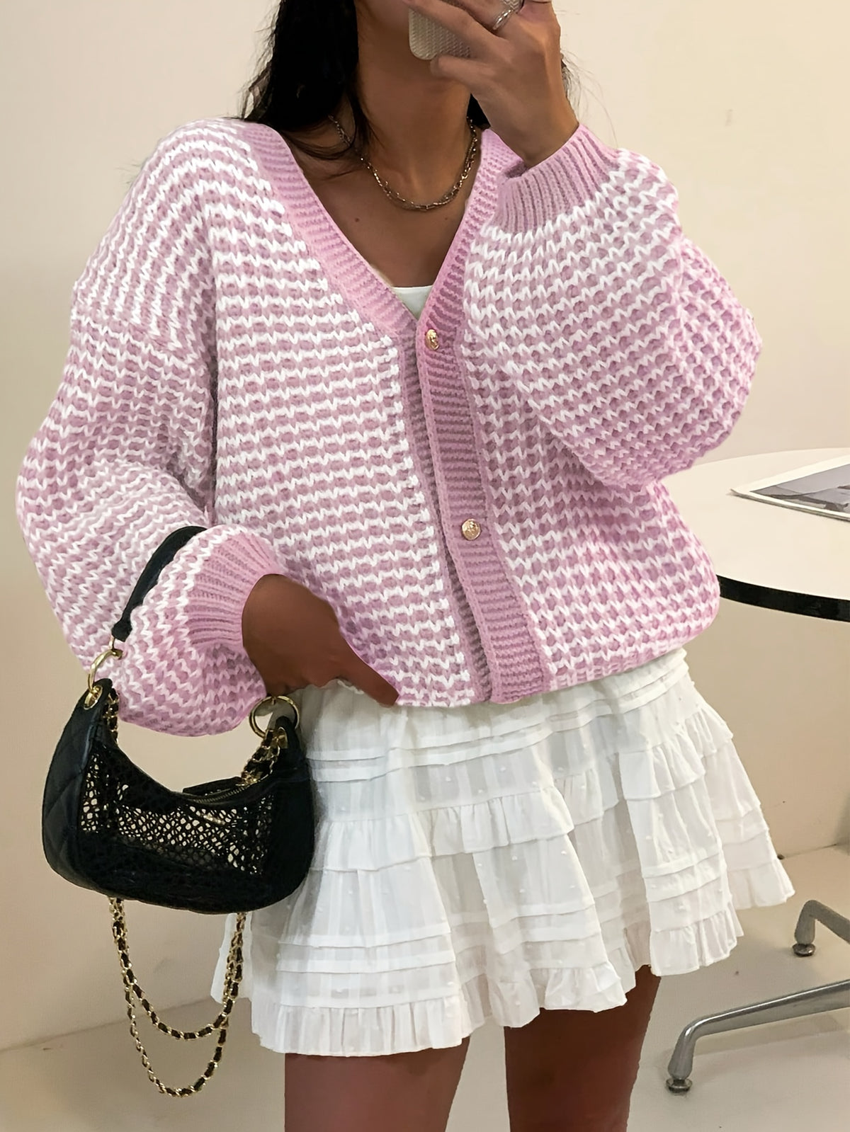 Chunky Two Tone V-Neck Cardigan