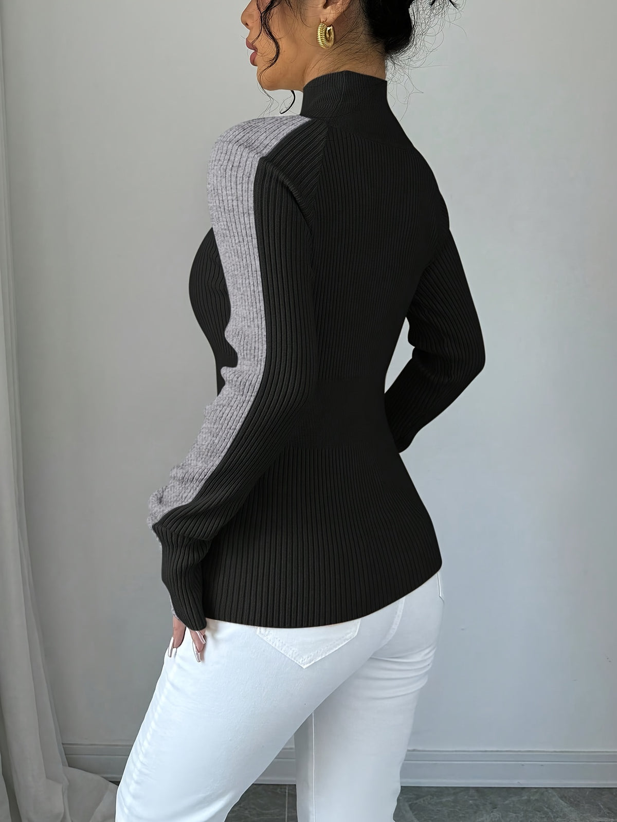 Colorblock Ribbed Mock Neck Sweater