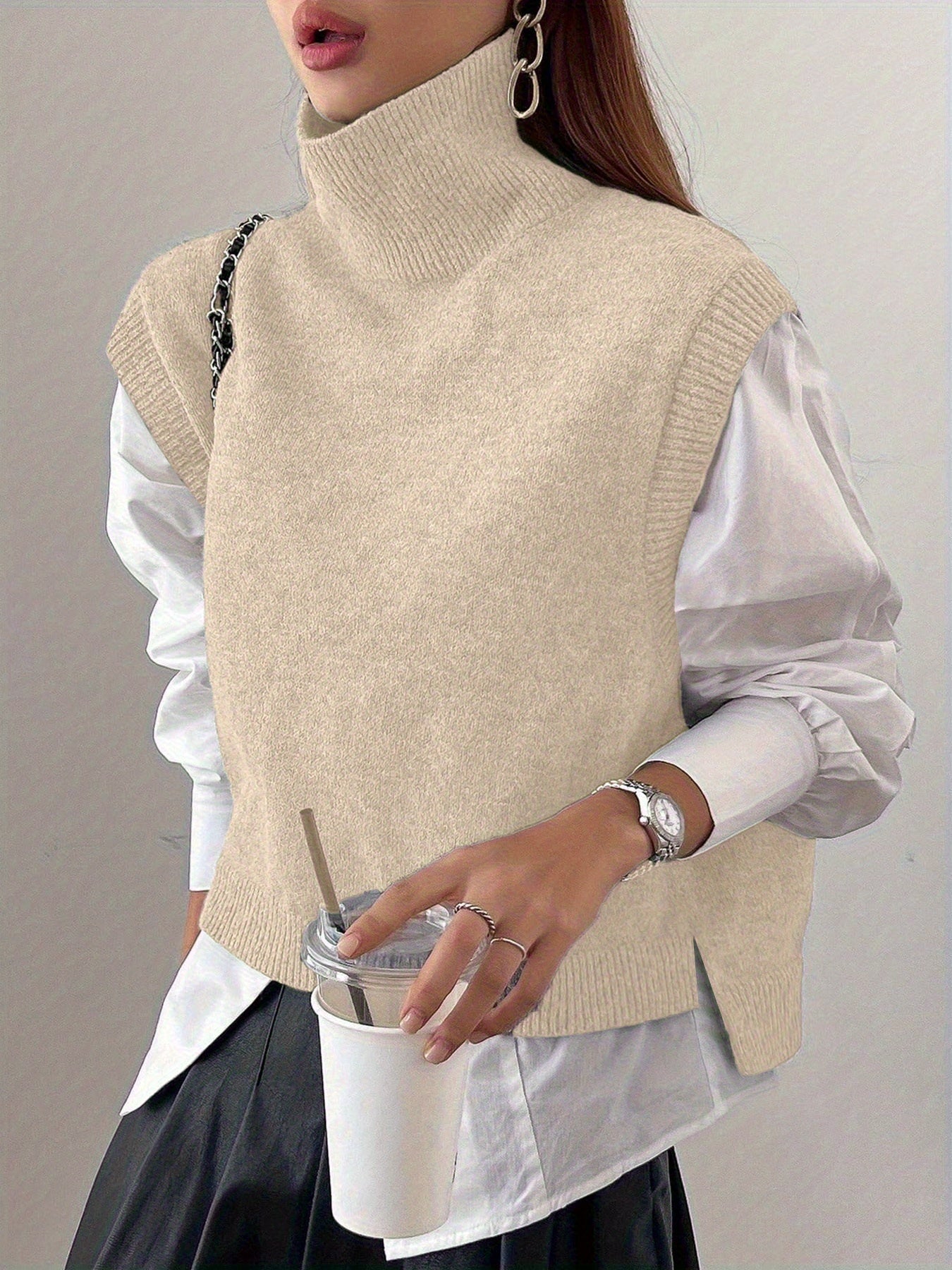 Mock Neck Side Slit Knit Vest