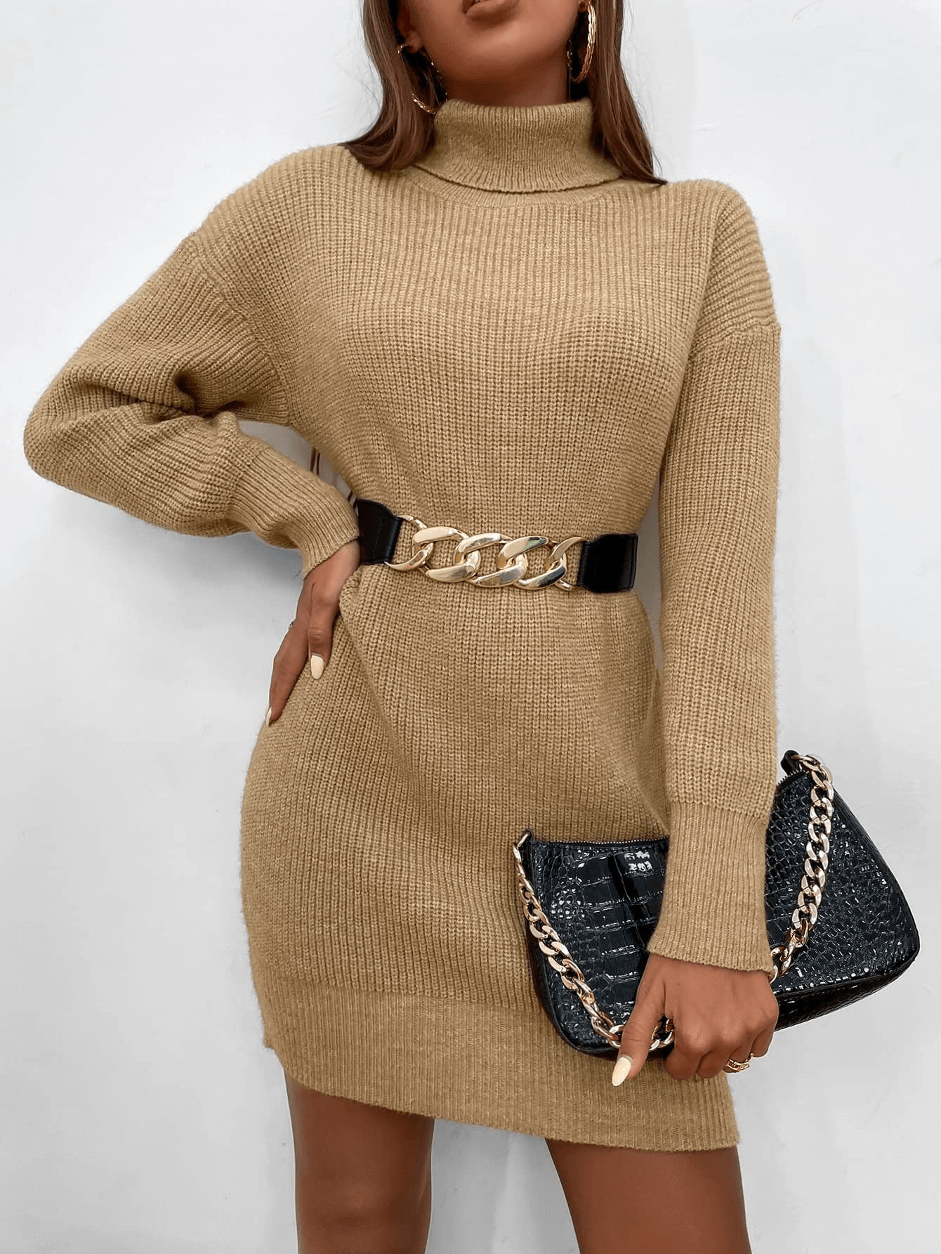 JOYSONS ribbed turtleneck mini sweater dress